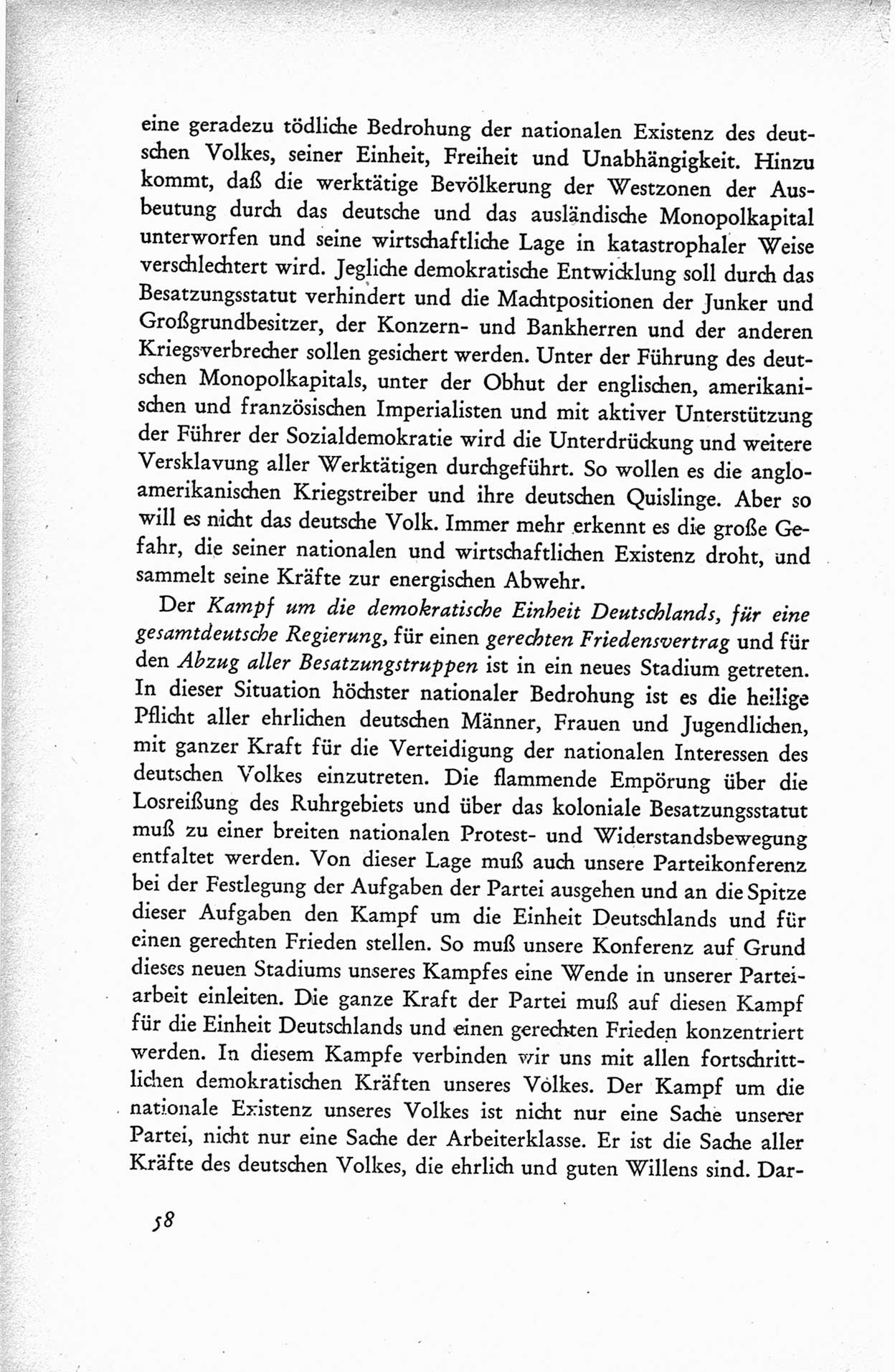 Protokoll der ersten Parteikonferenz der Sozialistischen Einheitspartei Deutschlands (SED) [Sowjetische Besatzungszone (SBZ) Deutschlands] vom 25. bis 28. Januar 1949 im Hause der Deutschen Wirtschaftskommission zu Berlin, Seite 58 (Prot. 1. PK SED SBZ Dtl. 1949, S. 58)