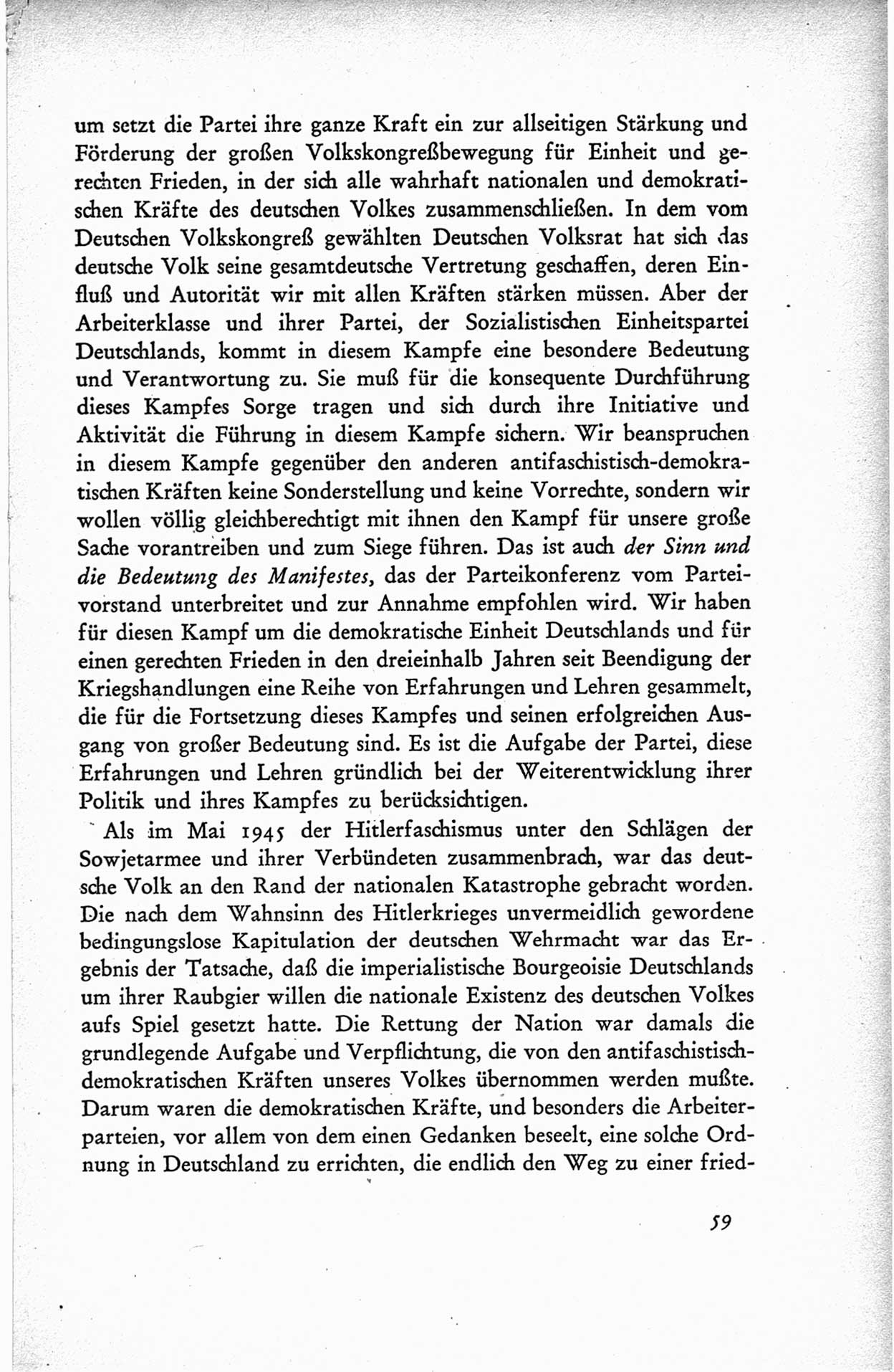 Protokoll der ersten Parteikonferenz der Sozialistischen Einheitspartei Deutschlands (SED) [Sowjetische Besatzungszone (SBZ) Deutschlands] vom 25. bis 28. Januar 1949 im Hause der Deutschen Wirtschaftskommission zu Berlin, Seite 59 (Prot. 1. PK SED SBZ Dtl. 1949, S. 59)