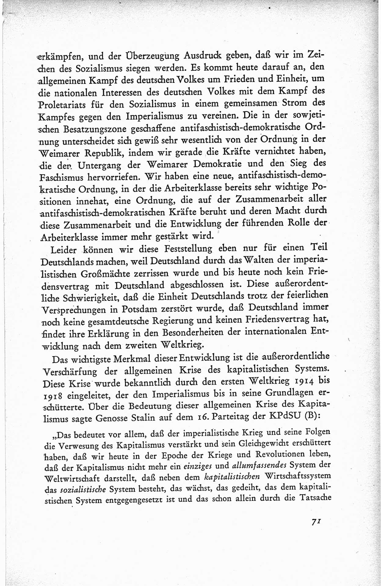 Protokoll der ersten Parteikonferenz der Sozialistischen Einheitspartei Deutschlands (SED) [Sowjetische Besatzungszone (SBZ) Deutschlands] vom 25. bis 28. Januar 1949 im Hause der Deutschen Wirtschaftskommission zu Berlin, Seite 71 (Prot. 1. PK SED SBZ Dtl. 1949, S. 71)