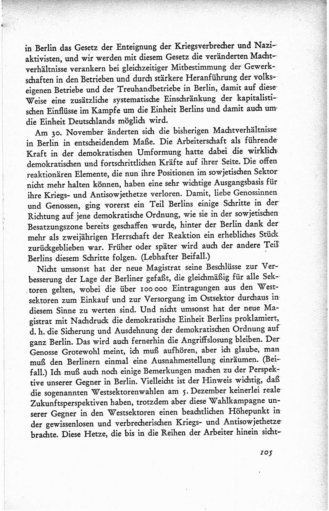 Protokoll der ersten Parteikonferenz der Sozialistischen Einheitspartei Deutschlands (SED) [Sowjetische Besatzungszone (SBZ) Deutschlands] vom 25. bis 28. Januar 1949 im Hause der Deutschen Wirtschaftskommission zu Berlin, Seite 105 (Prot. 1. PK SED SBZ Dtl. 1949, S. 105)