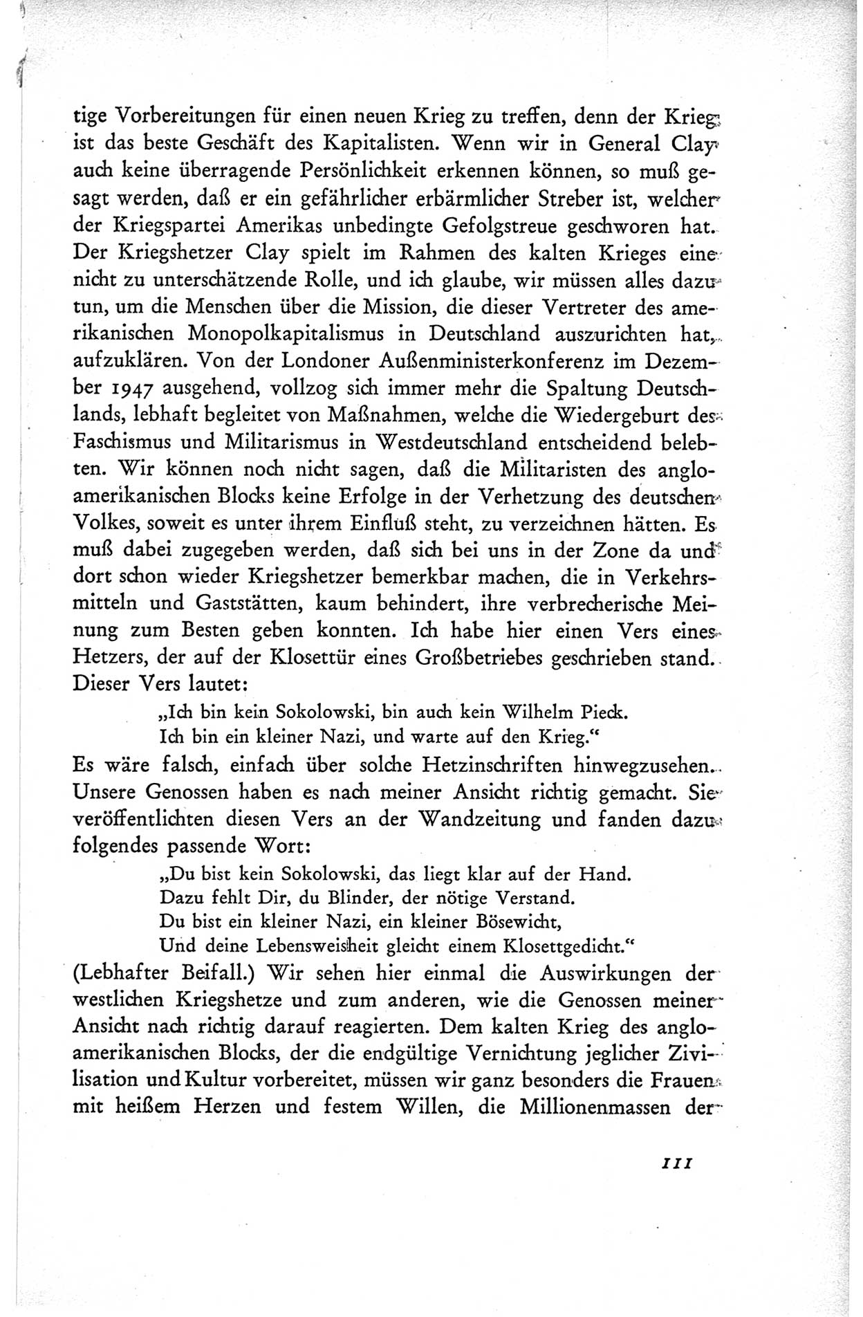 Protokoll der ersten Parteikonferenz der Sozialistischen Einheitspartei Deutschlands (SED) [Sowjetische Besatzungszone (SBZ) Deutschlands] vom 25. bis 28. Januar 1949 im Hause der Deutschen Wirtschaftskommission zu Berlin, Seite 111 (Prot. 1. PK SED SBZ Dtl. 1949, S. 111)