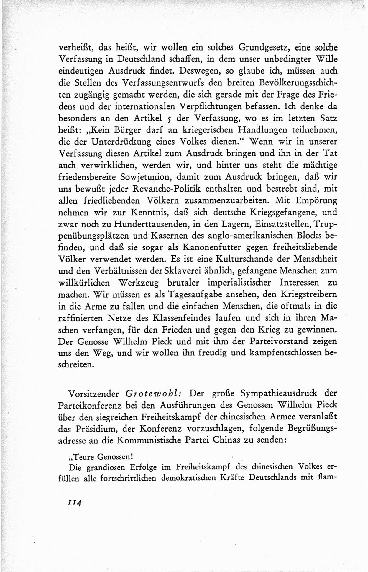 Protokoll der ersten Parteikonferenz der Sozialistischen Einheitspartei Deutschlands (SED) [Sowjetische Besatzungszone (SBZ) Deutschlands] vom 25. bis 28. Januar 1949 im Hause der Deutschen Wirtschaftskommission zu Berlin, Seite 114 (Prot. 1. PK SED SBZ Dtl. 1949, S. 114)