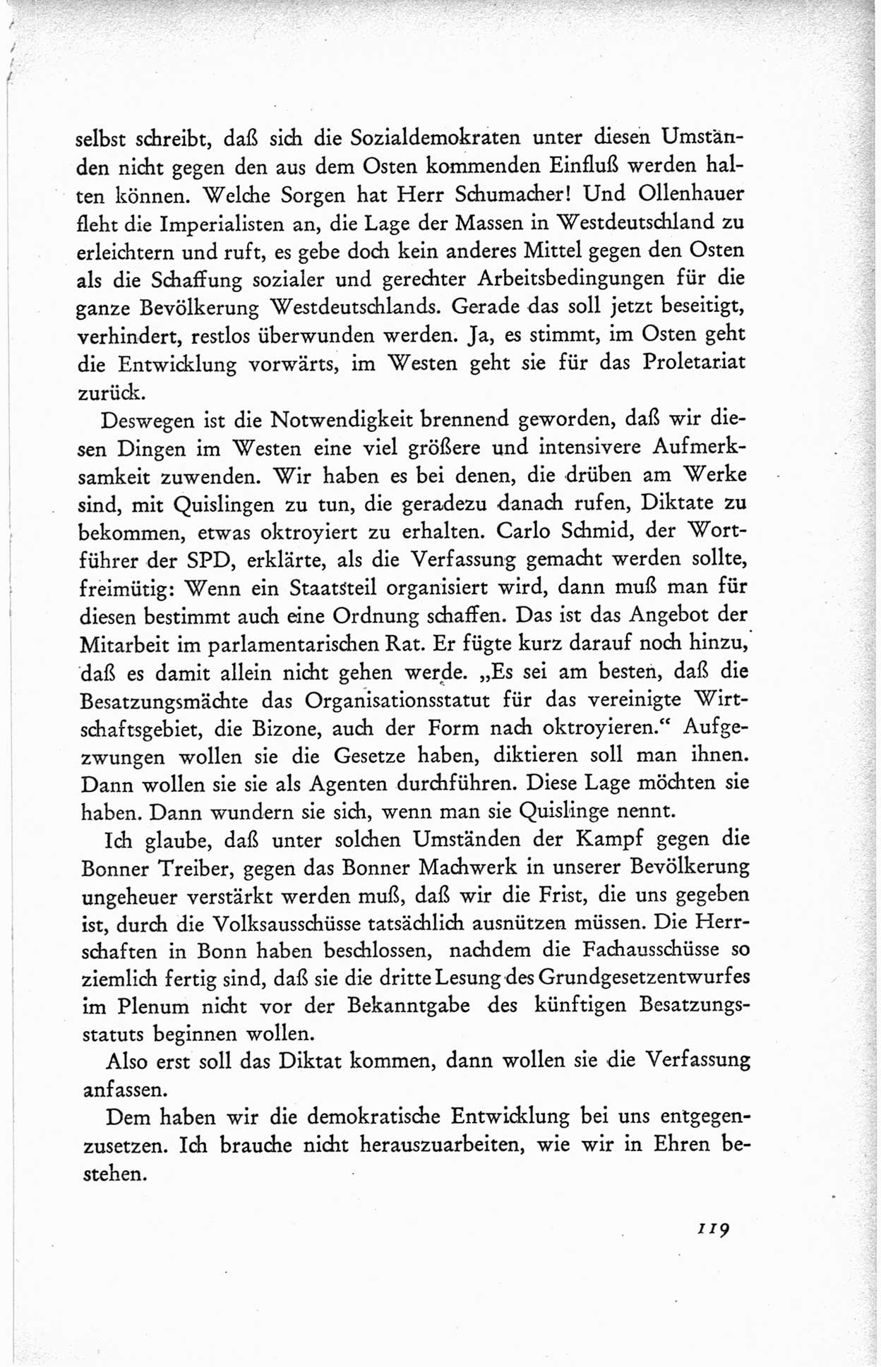 Protokoll der ersten Parteikonferenz der Sozialistischen Einheitspartei Deutschlands (SED) [Sowjetische Besatzungszone (SBZ) Deutschlands] vom 25. bis 28. Januar 1949 im Hause der Deutschen Wirtschaftskommission zu Berlin, Seite 119 (Prot. 1. PK SED SBZ Dtl. 1949, S. 119)