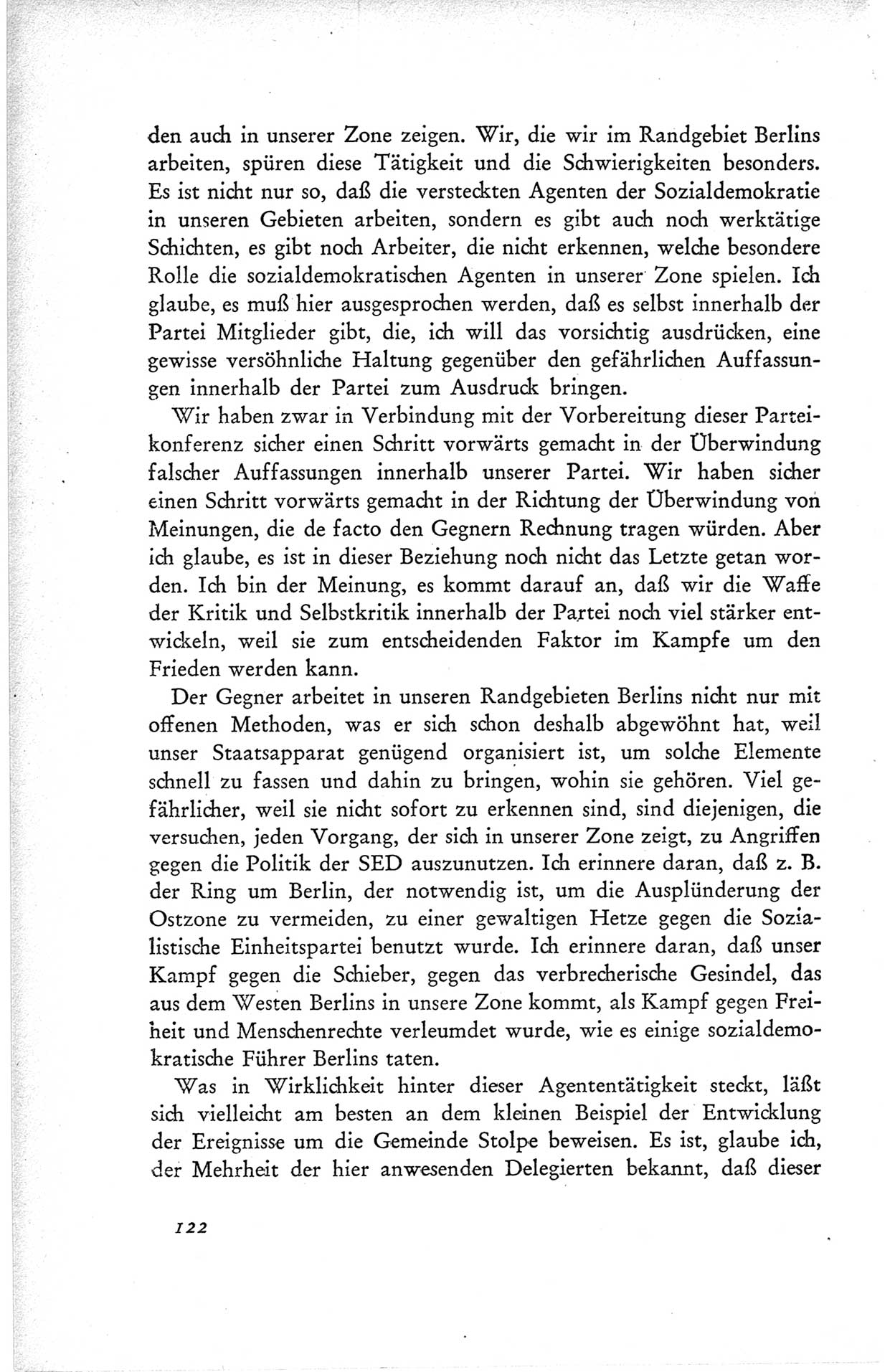 Protokoll der ersten Parteikonferenz der Sozialistischen Einheitspartei Deutschlands (SED) [Sowjetische Besatzungszone (SBZ) Deutschlands] vom 25. bis 28. Januar 1949 im Hause der Deutschen Wirtschaftskommission zu Berlin, Seite 122 (Prot. 1. PK SED SBZ Dtl. 1949, S. 122)