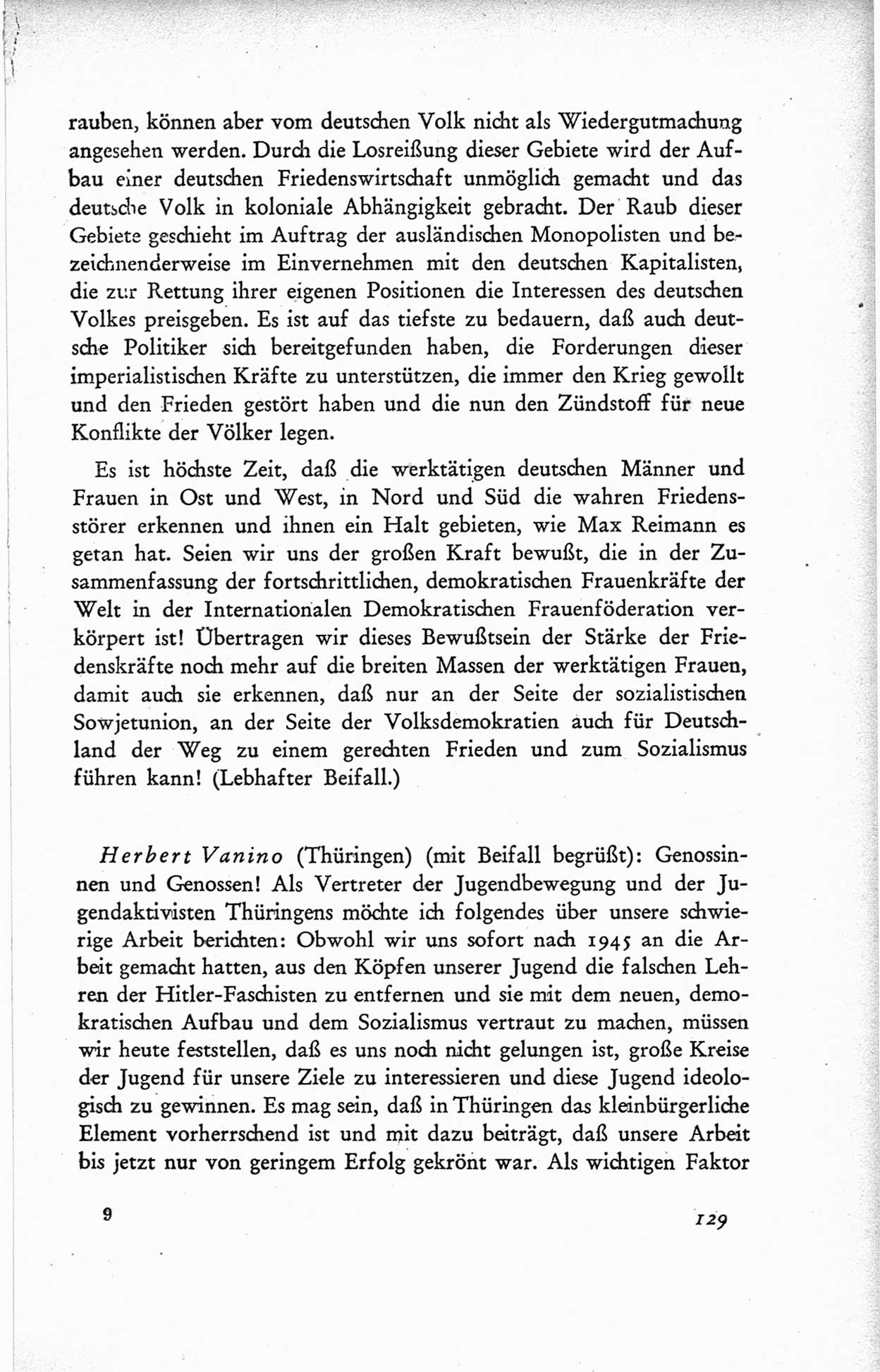 Protokoll der ersten Parteikonferenz der Sozialistischen Einheitspartei Deutschlands (SED) [Sowjetische Besatzungszone (SBZ) Deutschlands] vom 25. bis 28. Januar 1949 im Hause der Deutschen Wirtschaftskommission zu Berlin, Seite 129 (Prot. 1. PK SED SBZ Dtl. 1949, S. 129)