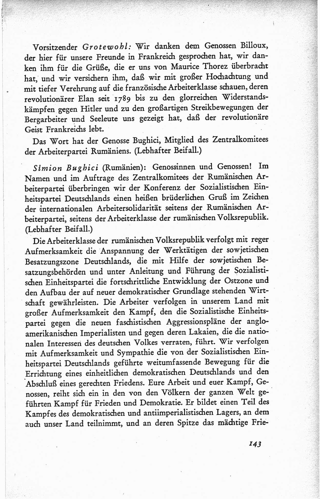 Protokoll der ersten Parteikonferenz der Sozialistischen Einheitspartei Deutschlands (SED) [Sowjetische Besatzungszone (SBZ) Deutschlands] vom 25. bis 28. Januar 1949 im Hause der Deutschen Wirtschaftskommission zu Berlin, Seite 143 (Prot. 1. PK SED SBZ Dtl. 1949, S. 143)