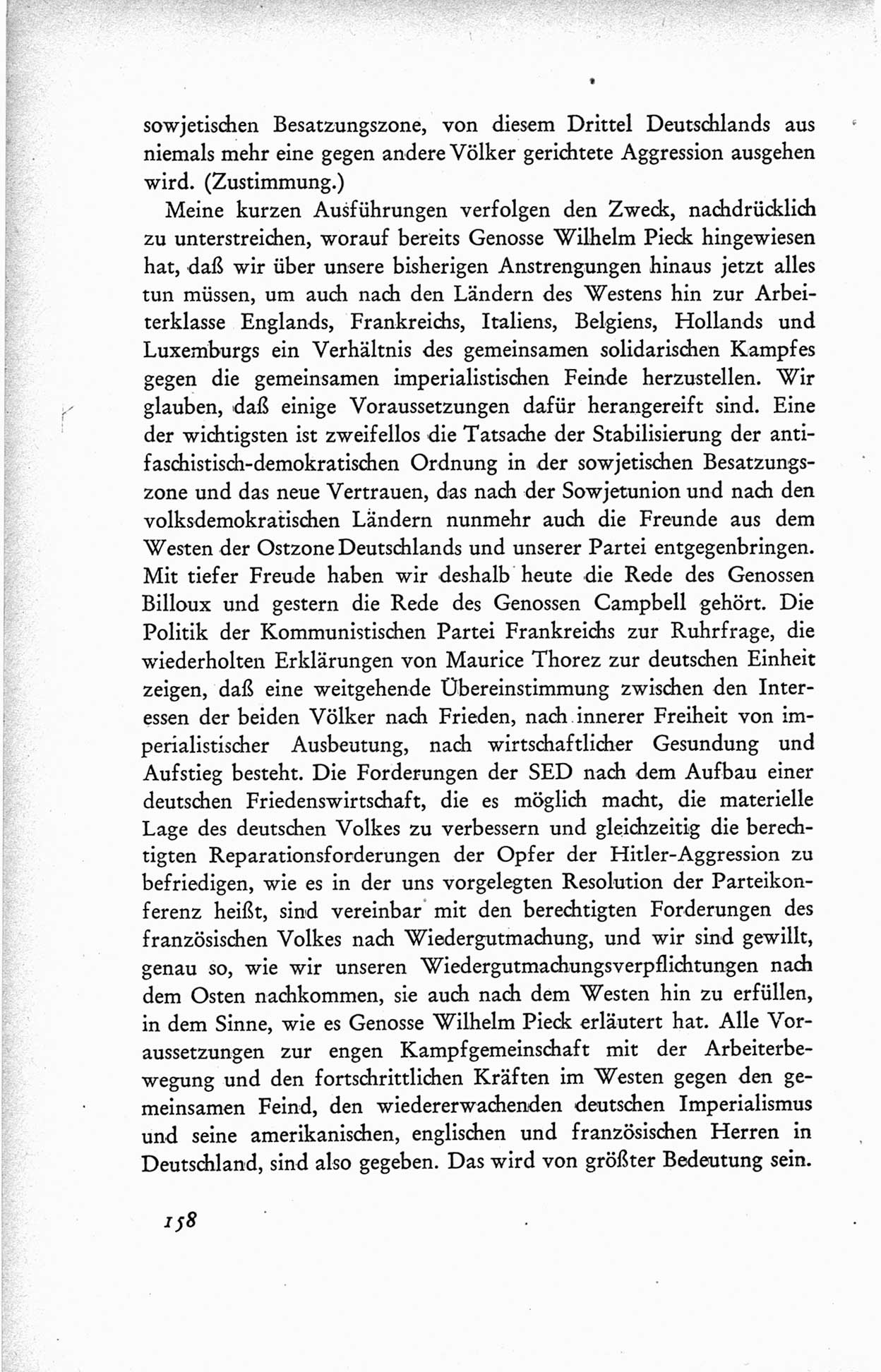 Protokoll der ersten Parteikonferenz der Sozialistischen Einheitspartei Deutschlands (SED) [Sowjetische Besatzungszone (SBZ) Deutschlands] vom 25. bis 28. Januar 1949 im Hause der Deutschen Wirtschaftskommission zu Berlin, Seite 158 (Prot. 1. PK SED SBZ Dtl. 1949, S. 158)