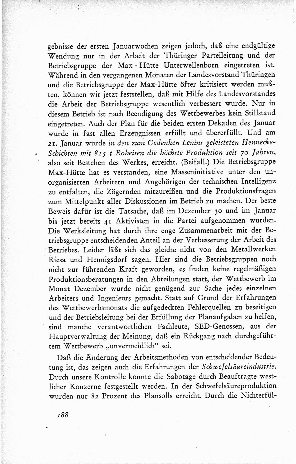 Protokoll der ersten Parteikonferenz der Sozialistischen Einheitspartei Deutschlands (SED) [Sowjetische Besatzungszone (SBZ) Deutschlands] vom 25. bis 28. Januar 1949 im Hause der Deutschen Wirtschaftskommission zu Berlin, Seite 188 (Prot. 1. PK SED SBZ Dtl. 1949, S. 188)