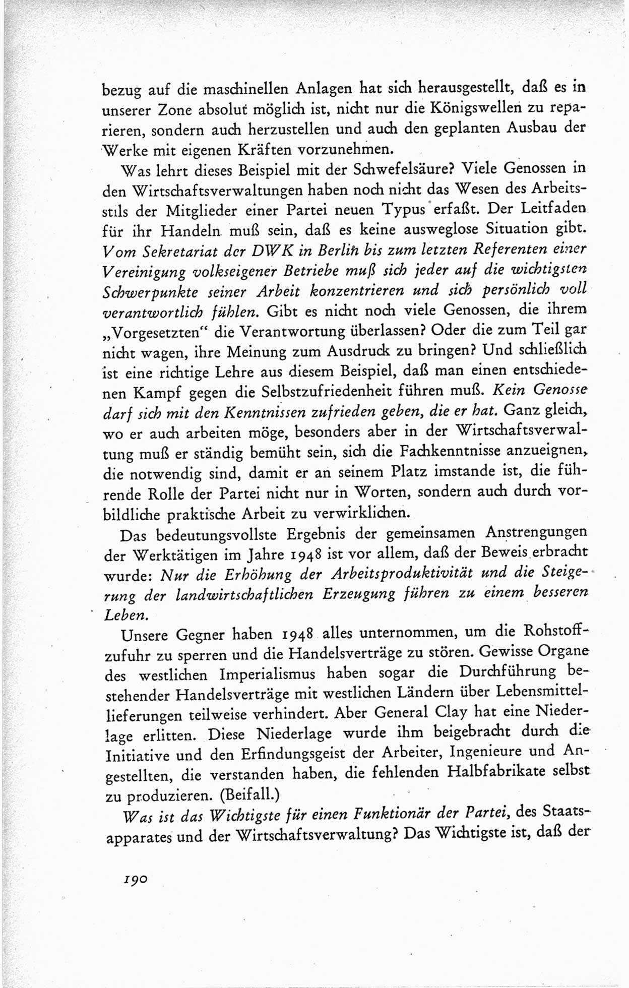 Protokoll der ersten Parteikonferenz der Sozialistischen Einheitspartei Deutschlands (SED) [Sowjetische Besatzungszone (SBZ) Deutschlands] vom 25. bis 28. Januar 1949 im Hause der Deutschen Wirtschaftskommission zu Berlin, Seite 190 (Prot. 1. PK SED SBZ Dtl. 1949, S. 190)