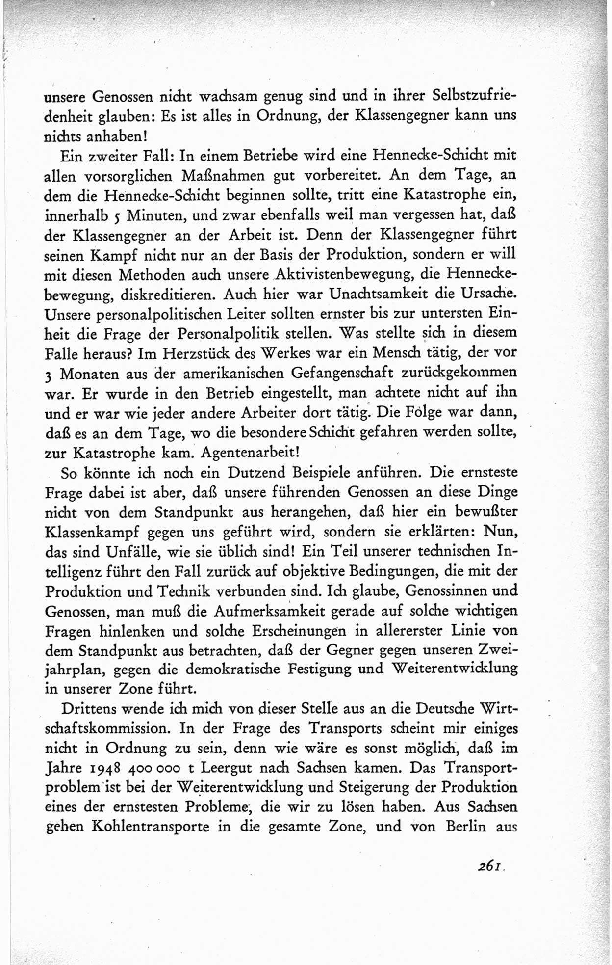 Protokoll der ersten Parteikonferenz der Sozialistischen Einheitspartei Deutschlands (SED) [Sowjetische Besatzungszone (SBZ) Deutschlands] vom 25. bis 28. Januar 1949 im Hause der Deutschen Wirtschaftskommission zu Berlin, Seite 261 (Prot. 1. PK SED SBZ Dtl. 1949, S. 261)