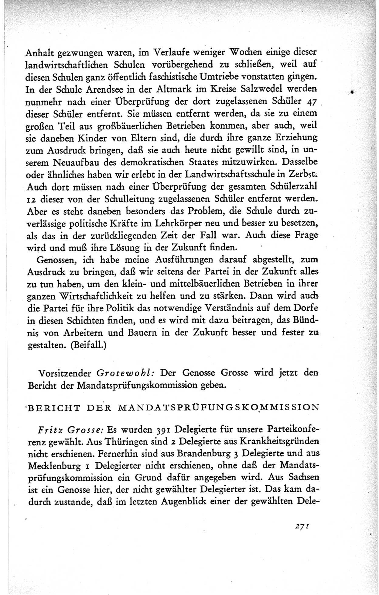 Protokoll der ersten Parteikonferenz der Sozialistischen Einheitspartei Deutschlands (SED) [Sowjetische Besatzungszone (SBZ) Deutschlands] vom 25. bis 28. Januar 1949 im Hause der Deutschen Wirtschaftskommission zu Berlin, Seite 271 (Prot. 1. PK SED SBZ Dtl. 1949, S. 271)