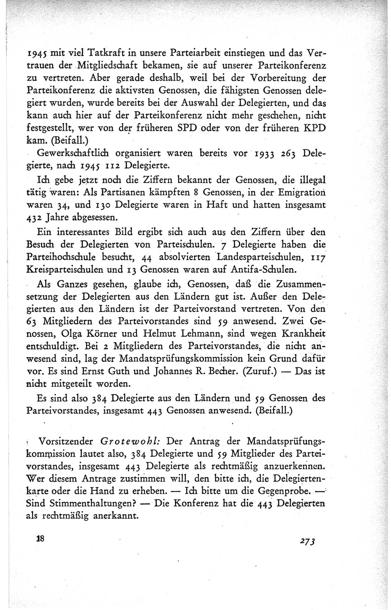 Protokoll der ersten Parteikonferenz der Sozialistischen Einheitspartei Deutschlands (SED) [Sowjetische Besatzungszone (SBZ) Deutschlands] vom 25. bis 28. Januar 1949 im Hause der Deutschen Wirtschaftskommission zu Berlin, Seite 273 (Prot. 1. PK SED SBZ Dtl. 1949, S. 273)