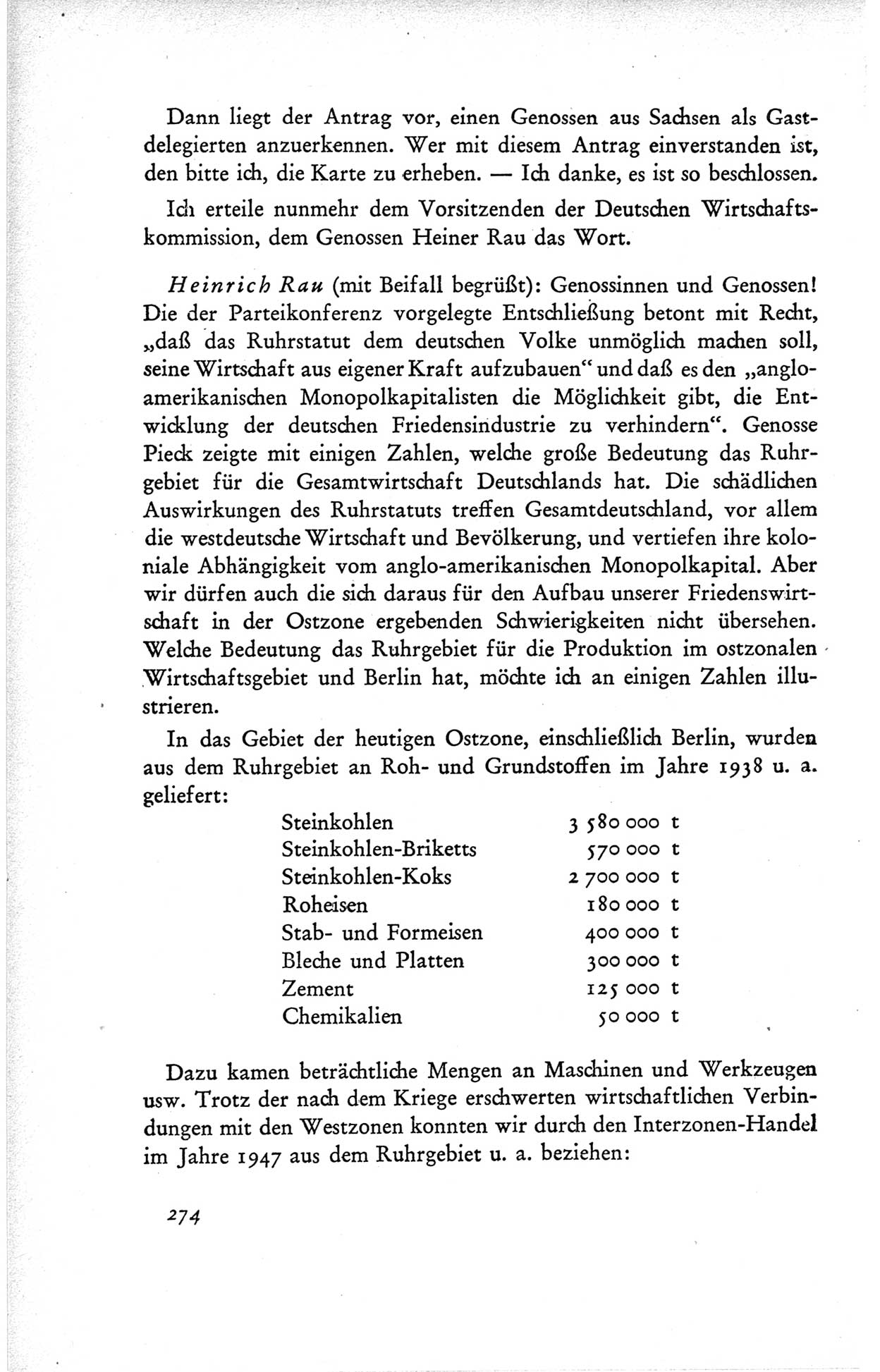 Protokoll der ersten Parteikonferenz der Sozialistischen Einheitspartei Deutschlands (SED) [Sowjetische Besatzungszone (SBZ) Deutschlands] vom 25. bis 28. Januar 1949 im Hause der Deutschen Wirtschaftskommission zu Berlin, Seite 274 (Prot. 1. PK SED SBZ Dtl. 1949, S. 274)