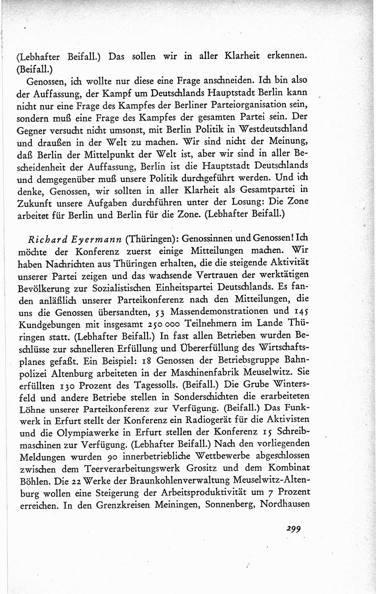 Protokoll der ersten Parteikonferenz der Sozialistischen Einheitspartei Deutschlands (SED) [Sowjetische Besatzungszone (SBZ) Deutschlands] vom 25. bis 28. Januar 1949 im Hause der Deutschen Wirtschaftskommission zu Berlin, Seite 299 (Prot. 1. PK SED SBZ Dtl. 1949, S. 299)