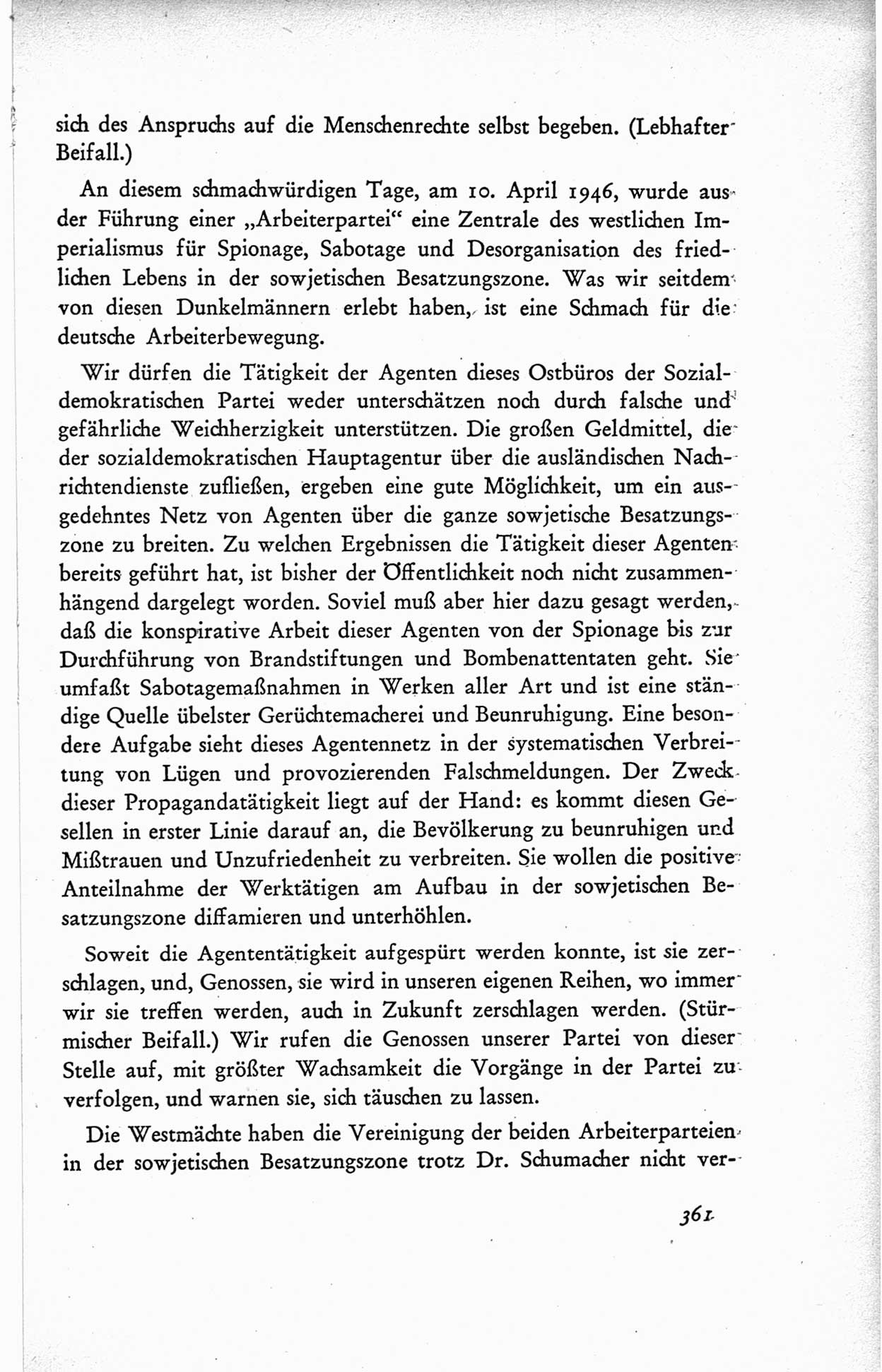 Protokoll der ersten Parteikonferenz der Sozialistischen Einheitspartei Deutschlands (SED) [Sowjetische Besatzungszone (SBZ) Deutschlands] vom 25. bis 28. Januar 1949 im Hause der Deutschen Wirtschaftskommission zu Berlin, Seite 361 (Prot. 1. PK SED SBZ Dtl. 1949, S. 361)