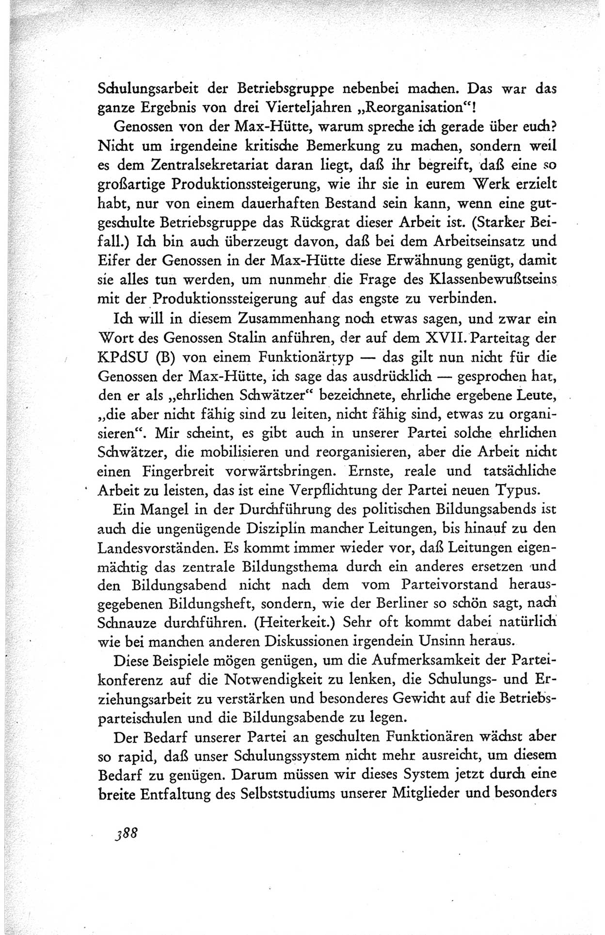 Protokoll der ersten Parteikonferenz der Sozialistischen Einheitspartei Deutschlands (SED) [Sowjetische Besatzungszone (SBZ) Deutschlands] vom 25. bis 28. Januar 1949 im Hause der Deutschen Wirtschaftskommission zu Berlin, Seite 388 (Prot. 1. PK SED SBZ Dtl. 1949, S. 388)