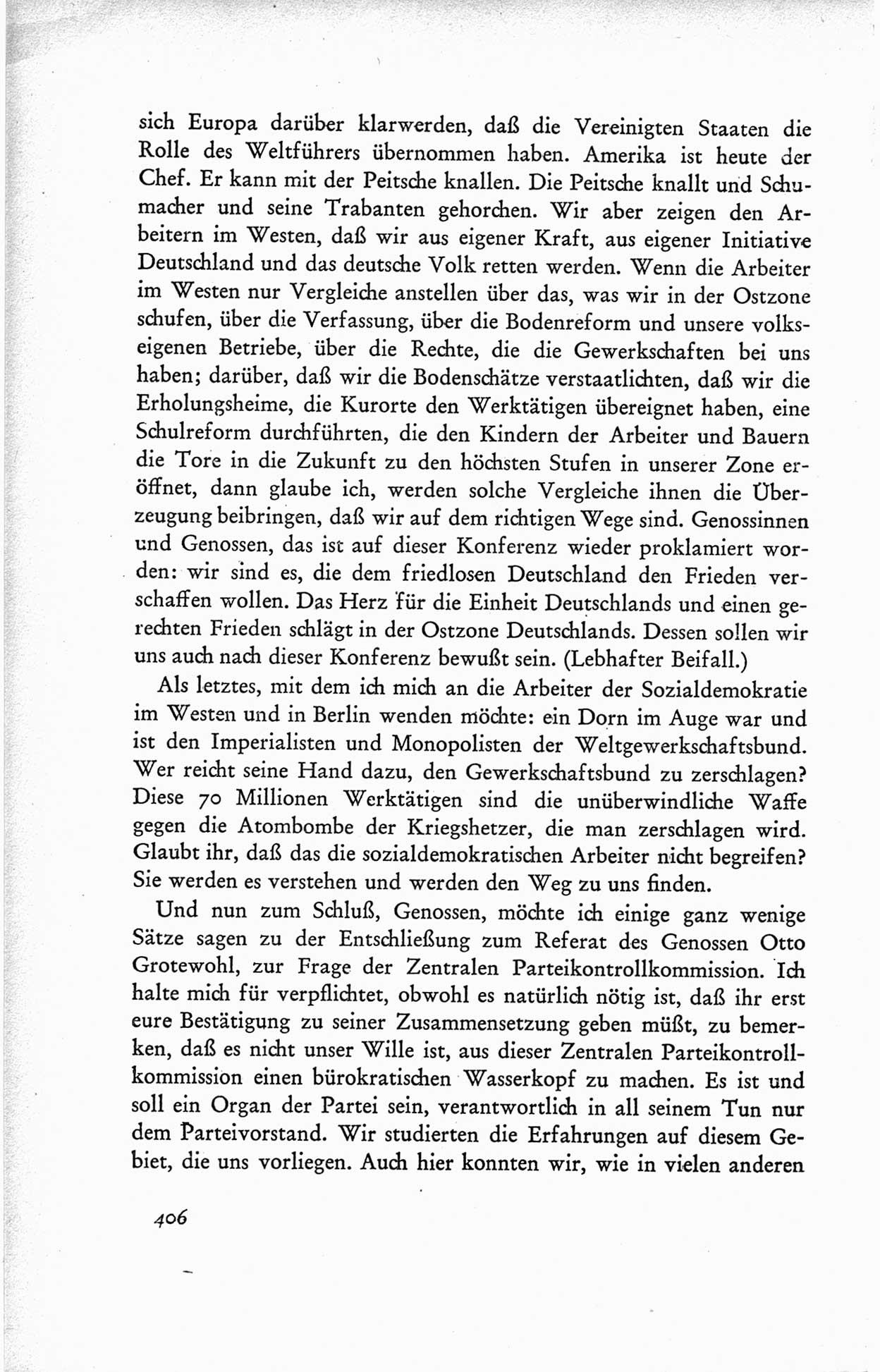 Protokoll der ersten Parteikonferenz der Sozialistischen Einheitspartei Deutschlands (SED) [Sowjetische Besatzungszone (SBZ) Deutschlands] vom 25. bis 28. Januar 1949 im Hause der Deutschen Wirtschaftskommission zu Berlin, Seite 406 (Prot. 1. PK SED SBZ Dtl. 1949, S. 406)