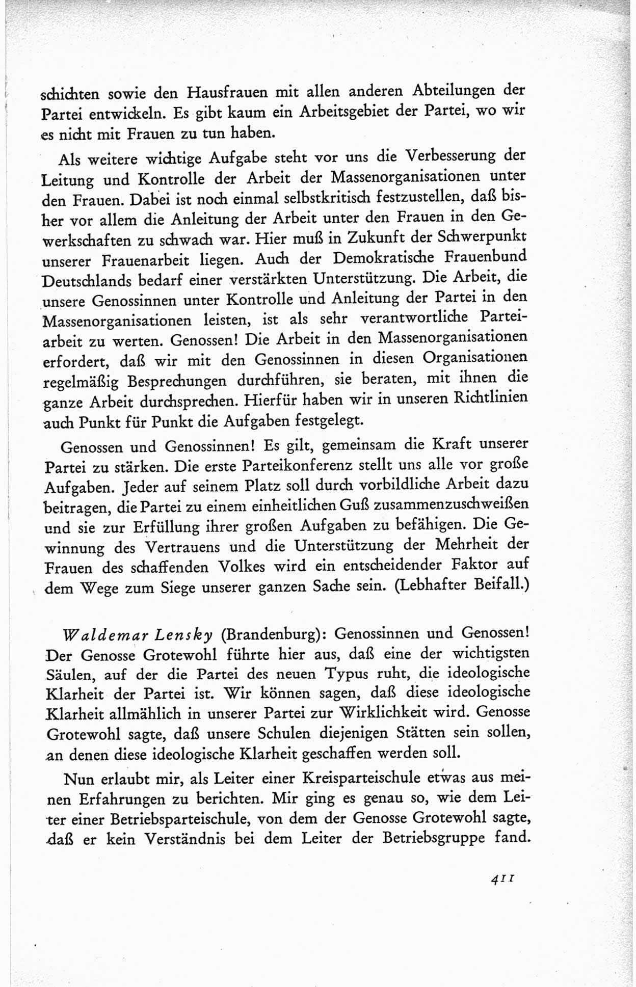 Protokoll der ersten Parteikonferenz der Sozialistischen Einheitspartei Deutschlands (SED) [Sowjetische Besatzungszone (SBZ) Deutschlands] vom 25. bis 28. Januar 1949 im Hause der Deutschen Wirtschaftskommission zu Berlin, Seite 411 (Prot. 1. PK SED SBZ Dtl. 1949, S. 411)