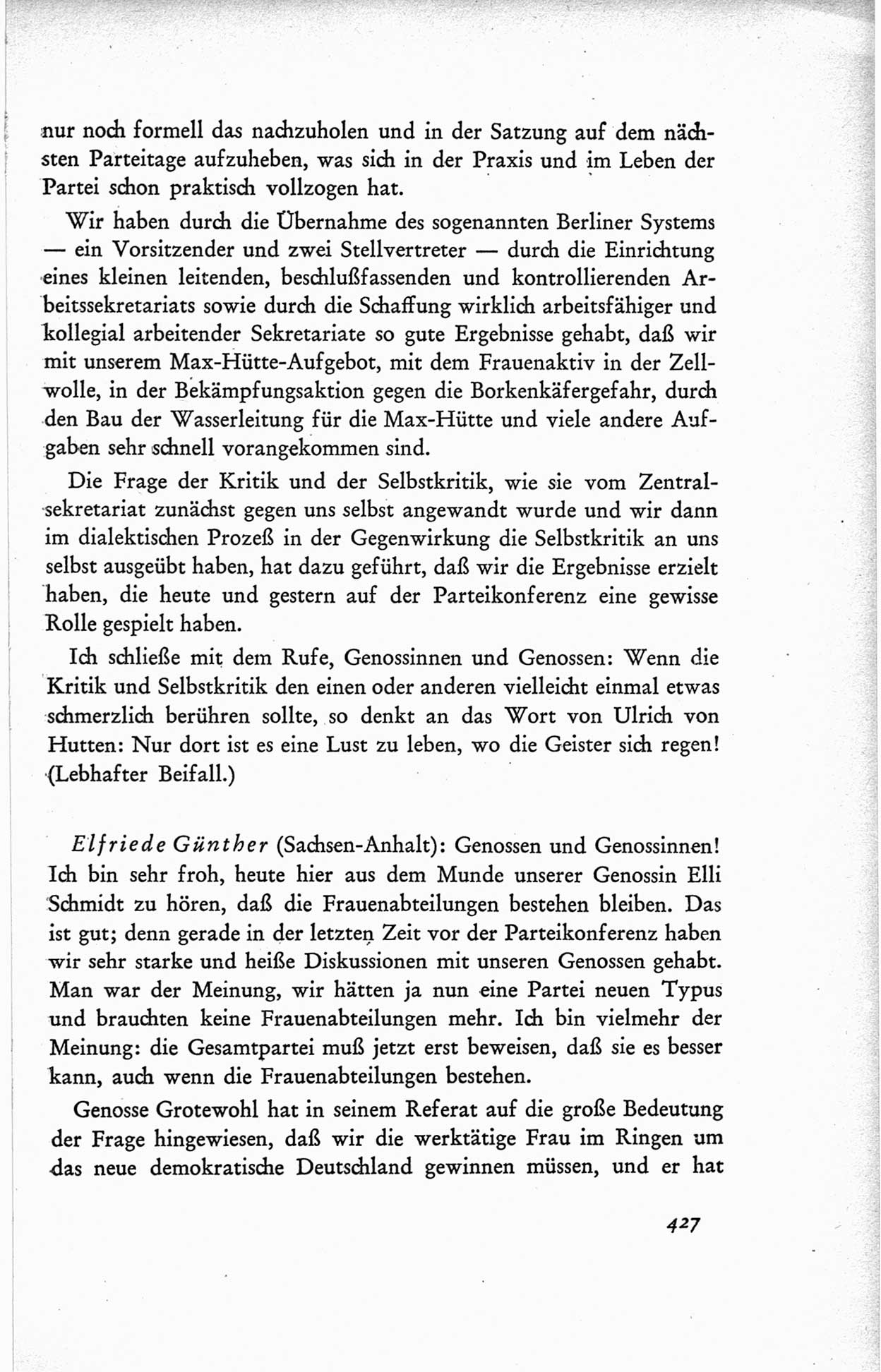 Protokoll der ersten Parteikonferenz der Sozialistischen Einheitspartei Deutschlands (SED) [Sowjetische Besatzungszone (SBZ) Deutschlands] vom 25. bis 28. Januar 1949 im Hause der Deutschen Wirtschaftskommission zu Berlin, Seite 427 (Prot. 1. PK SED SBZ Dtl. 1949, S. 427)