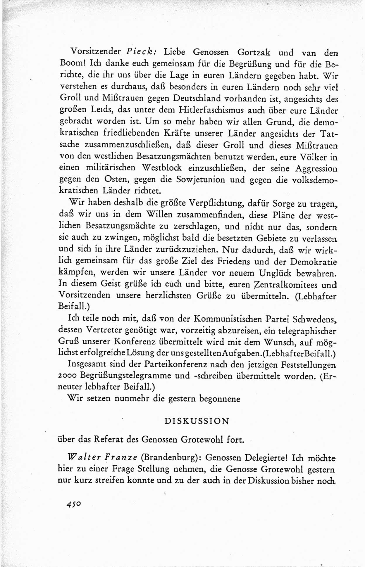 Protokoll der ersten Parteikonferenz der Sozialistischen Einheitspartei Deutschlands (SED) [Sowjetische Besatzungszone (SBZ) Deutschlands] vom 25. bis 28. Januar 1949 im Hause der Deutschen Wirtschaftskommission zu Berlin, Seite 450 (Prot. 1. PK SED SBZ Dtl. 1949, S. 450)