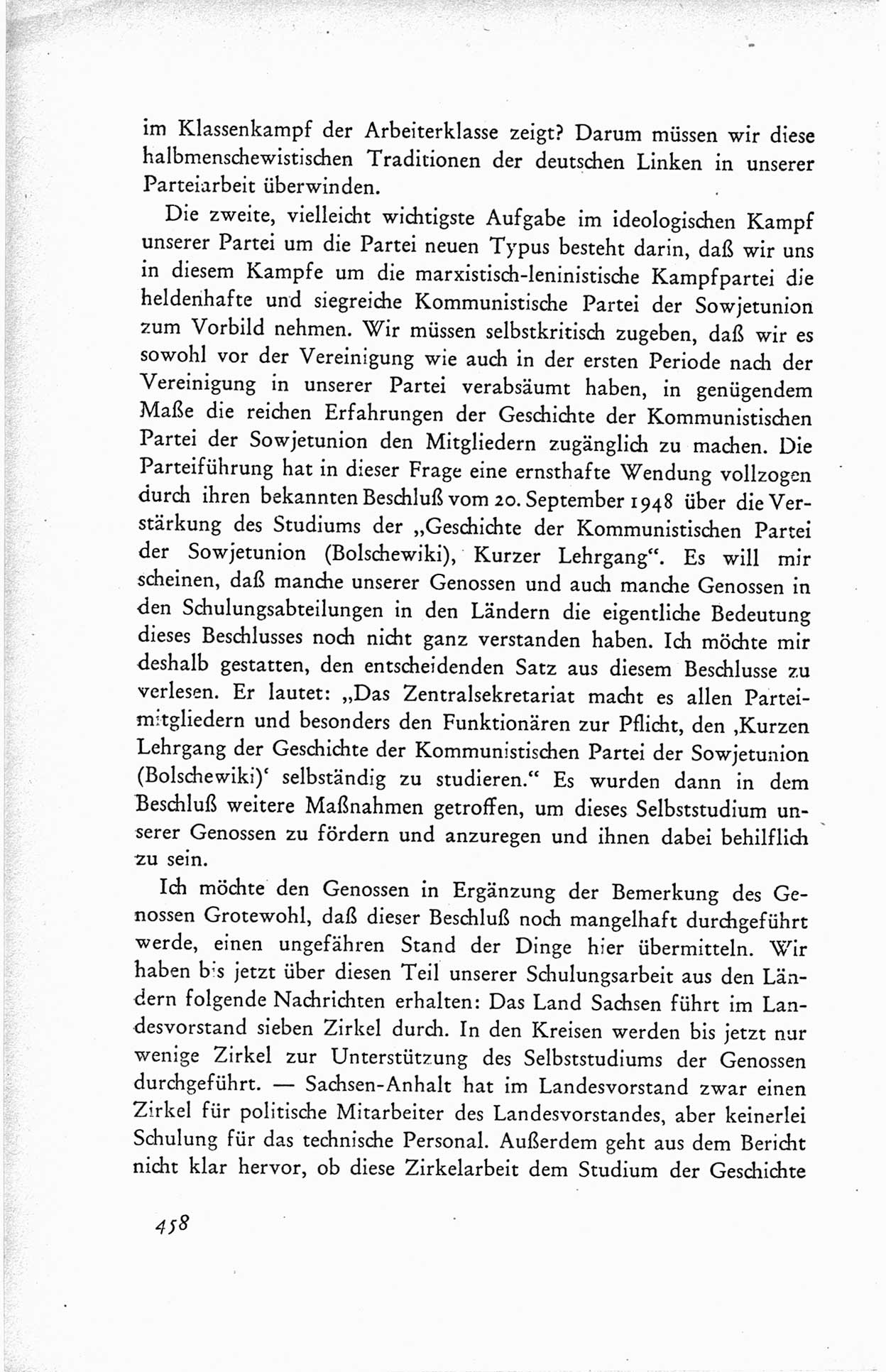 Protokoll der ersten Parteikonferenz der Sozialistischen Einheitspartei Deutschlands (SED) [Sowjetische Besatzungszone (SBZ) Deutschlands] vom 25. bis 28. Januar 1949 im Hause der Deutschen Wirtschaftskommission zu Berlin, Seite 458 (Prot. 1. PK SED SBZ Dtl. 1949, S. 458)