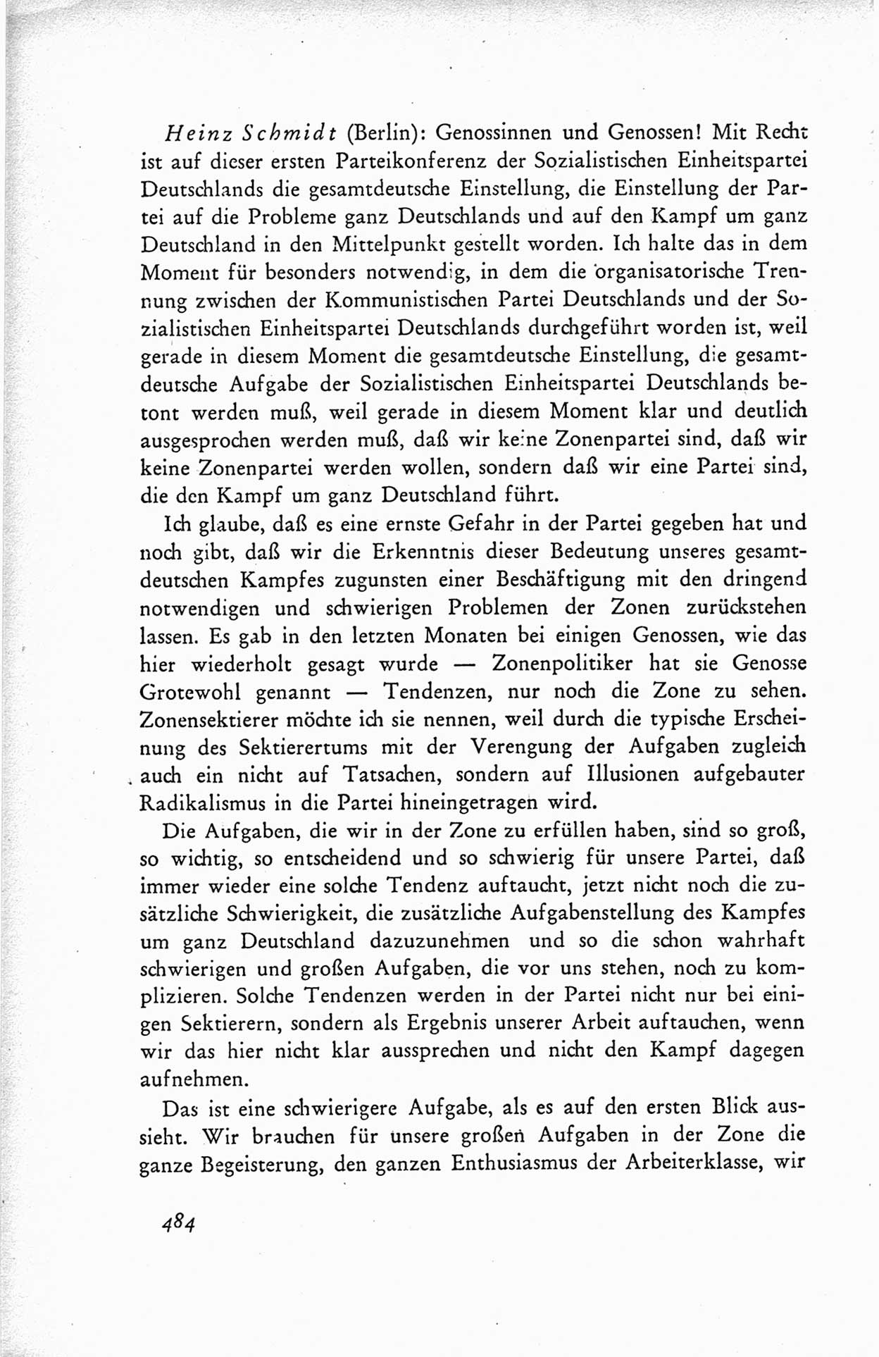 Protokoll der ersten Parteikonferenz der Sozialistischen Einheitspartei Deutschlands (SED) [Sowjetische Besatzungszone (SBZ) Deutschlands] vom 25. bis 28. Januar 1949 im Hause der Deutschen Wirtschaftskommission zu Berlin, Seite 484 (Prot. 1. PK SED SBZ Dtl. 1949, S. 484)