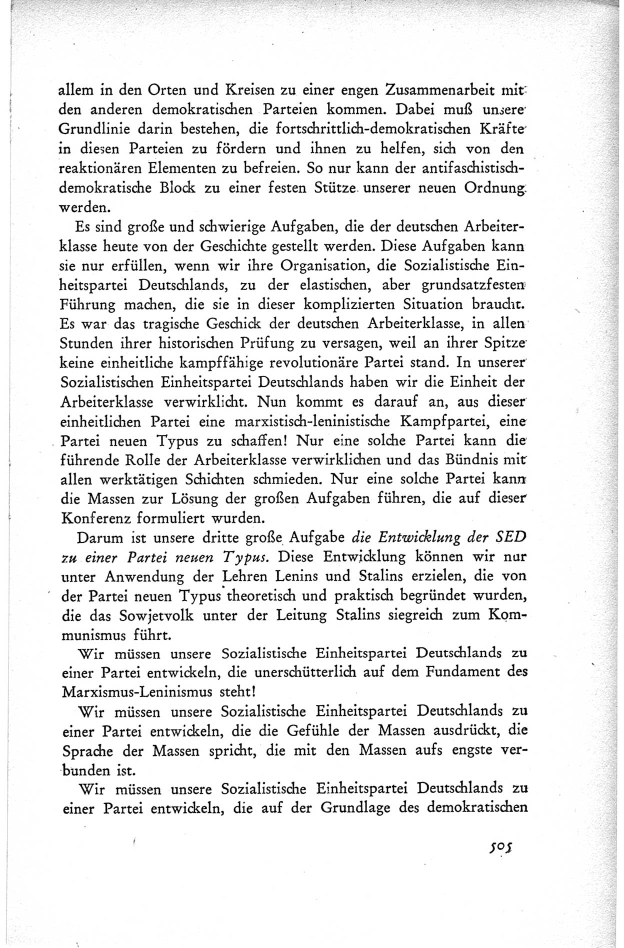 Protokoll der ersten Parteikonferenz der Sozialistischen Einheitspartei Deutschlands (SED) [Sowjetische Besatzungszone (SBZ) Deutschlands] vom 25. bis 28. Januar 1949 im Hause der Deutschen Wirtschaftskommission zu Berlin, Seite 505 (Prot. 1. PK SED SBZ Dtl. 1949, S. 505)