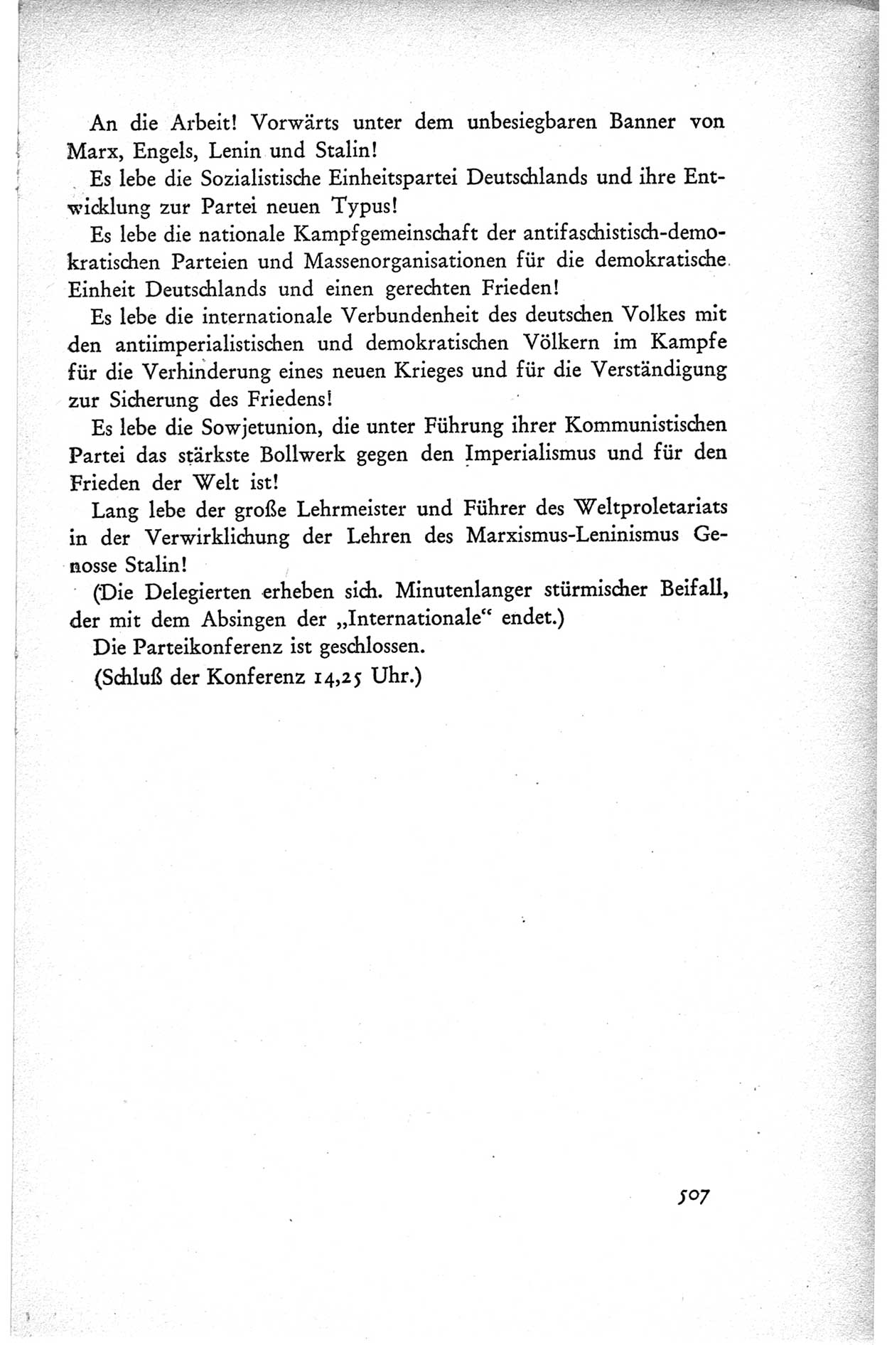 Protokoll der ersten Parteikonferenz der Sozialistischen Einheitspartei Deutschlands (SED) [Sowjetische Besatzungszone (SBZ) Deutschlands] vom 25. bis 28. Januar 1949 im Hause der Deutschen Wirtschaftskommission zu Berlin, Seite 507 (Prot. 1. PK SED SBZ Dtl. 1949, S. 507)