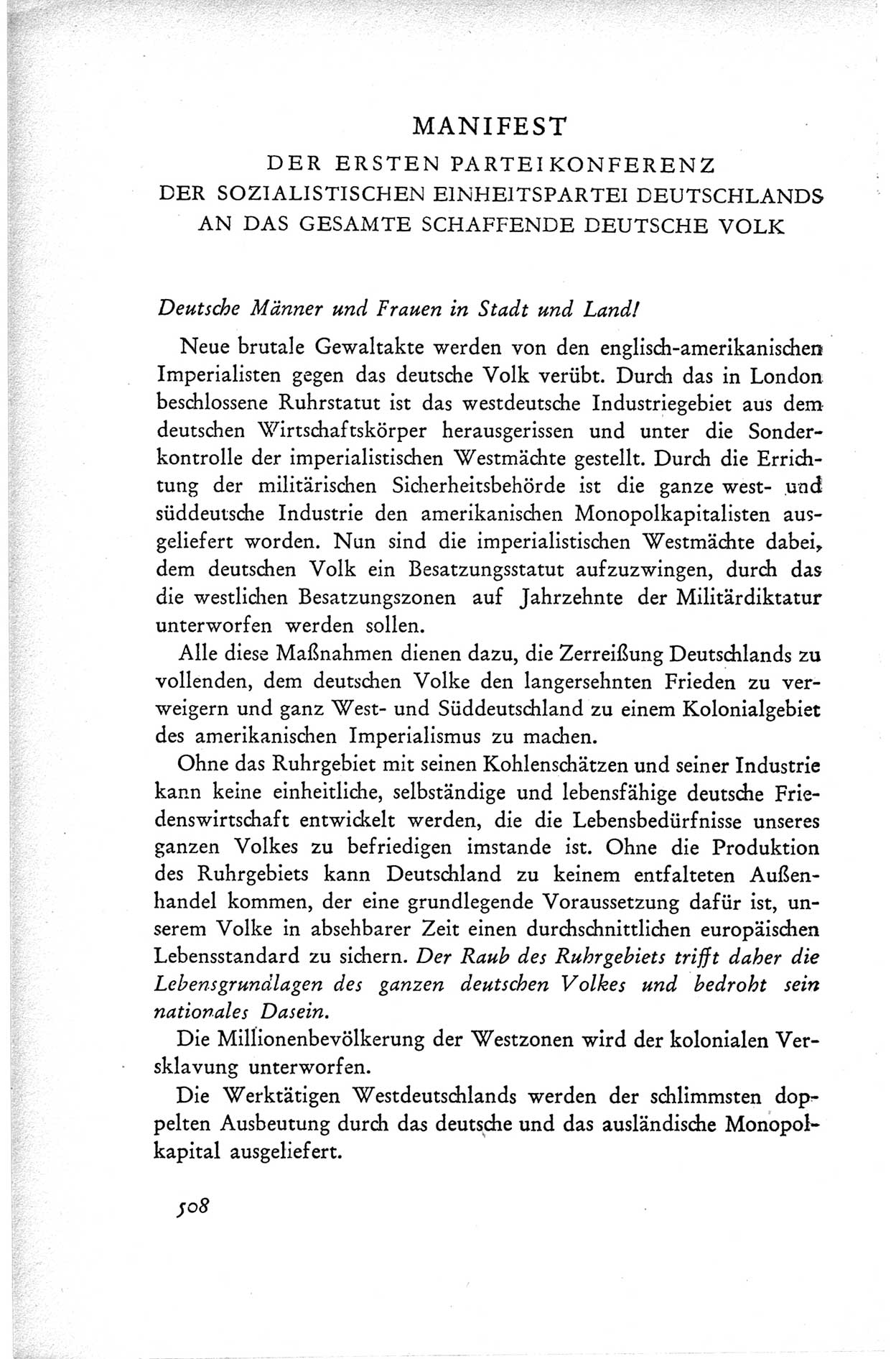 Protokoll der ersten Parteikonferenz der Sozialistischen Einheitspartei Deutschlands (SED) [Sowjetische Besatzungszone (SBZ) Deutschlands] vom 25. bis 28. Januar 1949 im Hause der Deutschen Wirtschaftskommission zu Berlin, Seite 508 (Prot. 1. PK SED SBZ Dtl. 1949, S. 508)