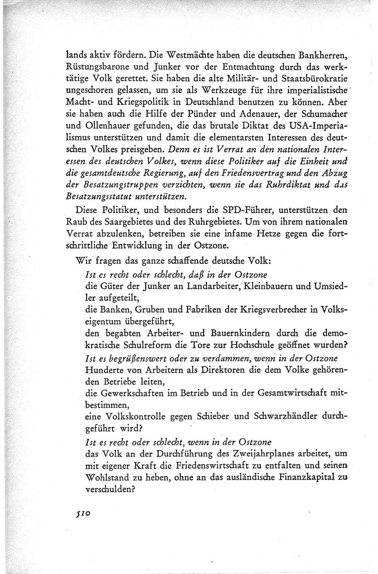 Protokoll der ersten Parteikonferenz der Sozialistischen Einheitspartei Deutschlands (SED) [Sowjetische Besatzungszone (SBZ) Deutschlands] vom 25. bis 28. Januar 1949 im Hause der Deutschen Wirtschaftskommission zu Berlin, Seite 510 (Prot. 1. PK SED SBZ Dtl. 1949, S. 510)