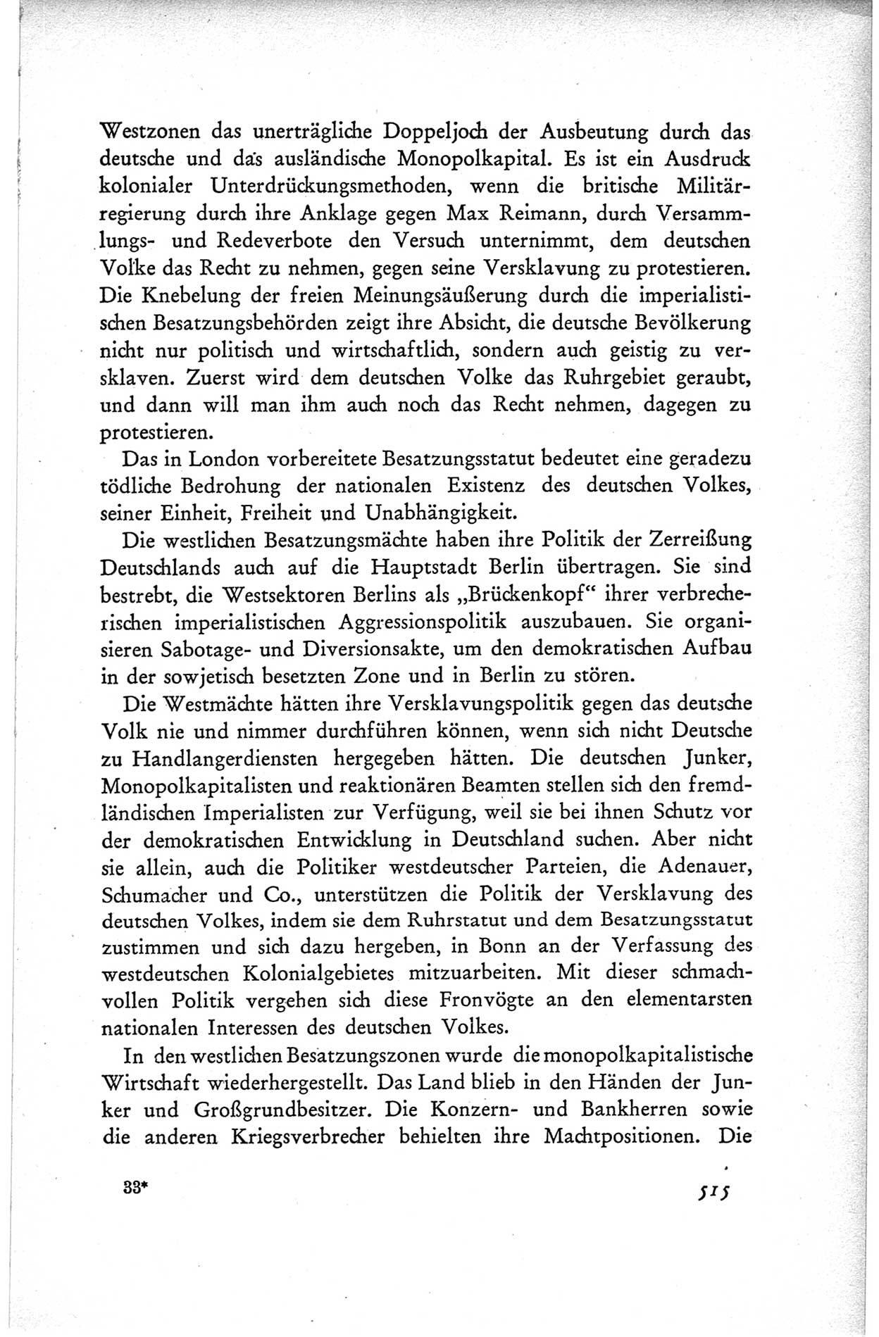 Protokoll der ersten Parteikonferenz der Sozialistischen Einheitspartei Deutschlands (SED) [Sowjetische Besatzungszone (SBZ) Deutschlands] vom 25. bis 28. Januar 1949 im Hause der Deutschen Wirtschaftskommission zu Berlin, Seite 515 (Prot. 1. PK SED SBZ Dtl. 1949, S. 515)