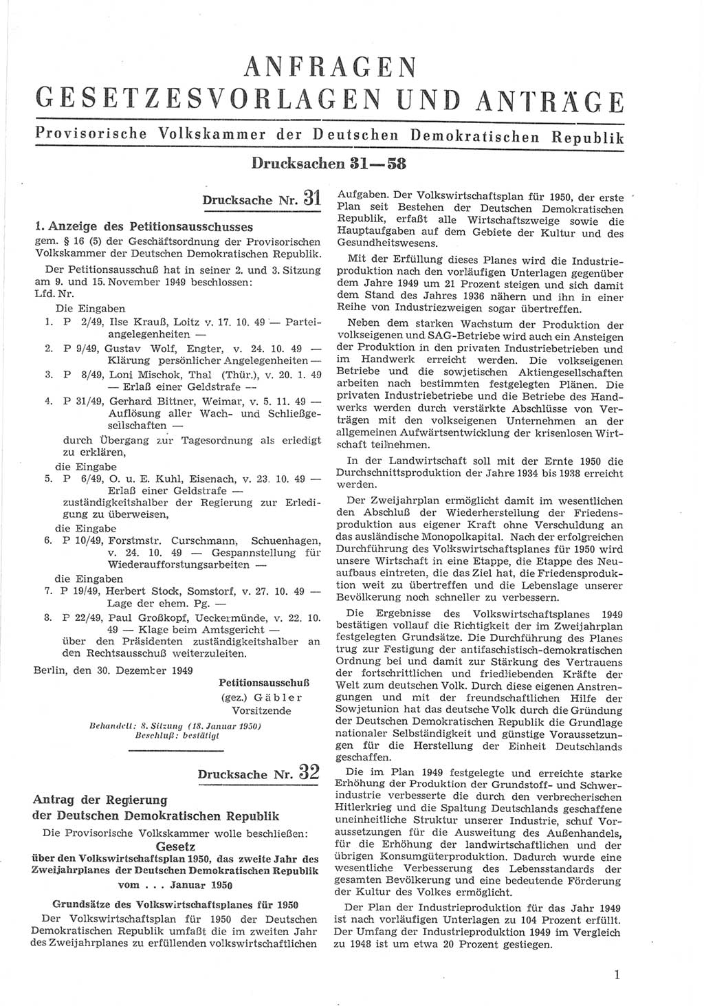 Provisorische Volkskammer (VK) der Deutschen Demokratischen Republik (DDR) 1949-1950, Dokument 601 (Prov. VK DDR 1949-1950, Dok. 601)