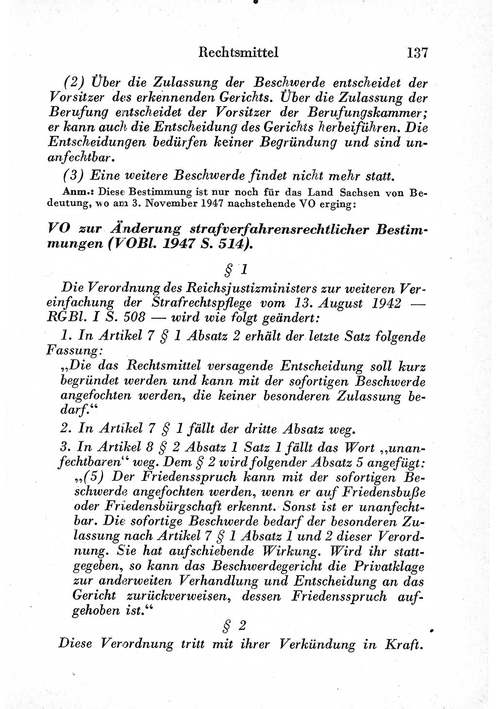 Strafprozeßordnung (StPO), Gerichtsverfassungsgesetz (GVG) und zahlreiche Nebengesetze der sowjetischen Besatzungszone (SBZ) in Deutschland 1949, Seite 137 (StPO GVG Ges. SBZ Dtl. 1949, S. 137)