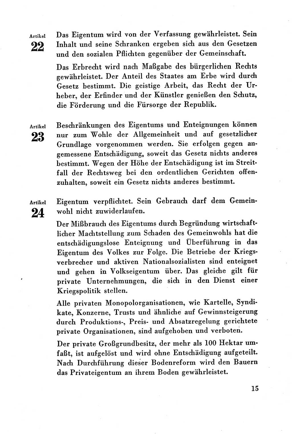 Verfassung der Deutschen Demokratischen Republik (DDR) vom 7. Oktober 1949, Seite 15 (Verf. DDR 1949, S. 15)