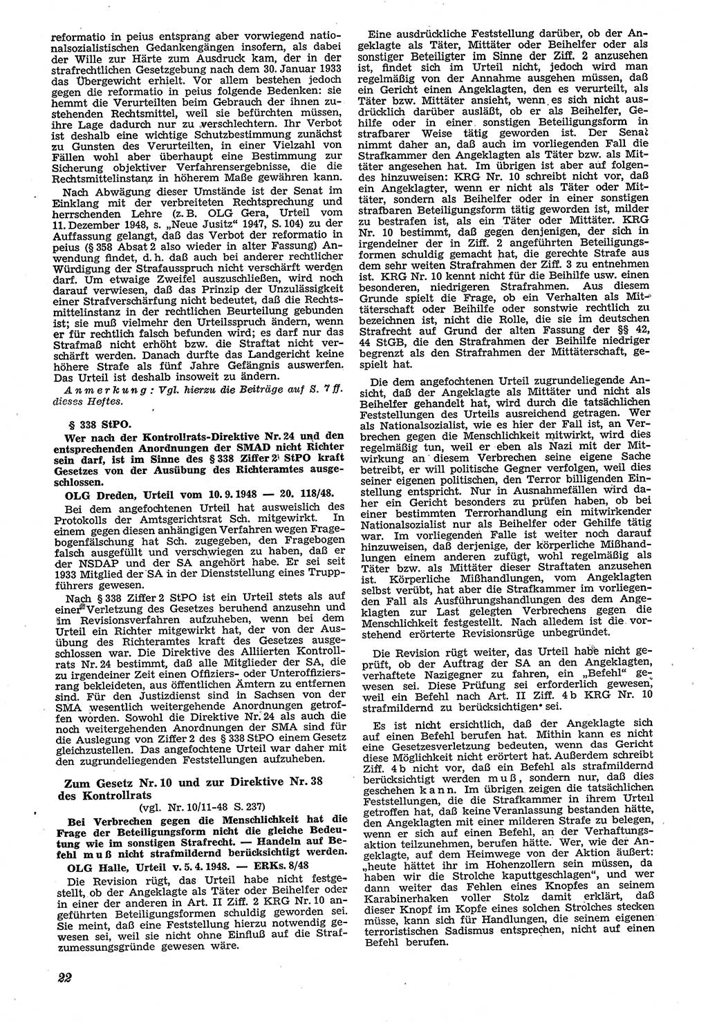 Neue Justiz (NJ), Zeitschrift für Recht und Rechtswissenschaft [Sowjetische Besatzungszone (SBZ) Deutschland, Deutsche Demokratische Republik (DDR)], 3. Jahrgang 1949, Seite 22 (NJ SBZ Dtl. DDR 1949, S. 22)