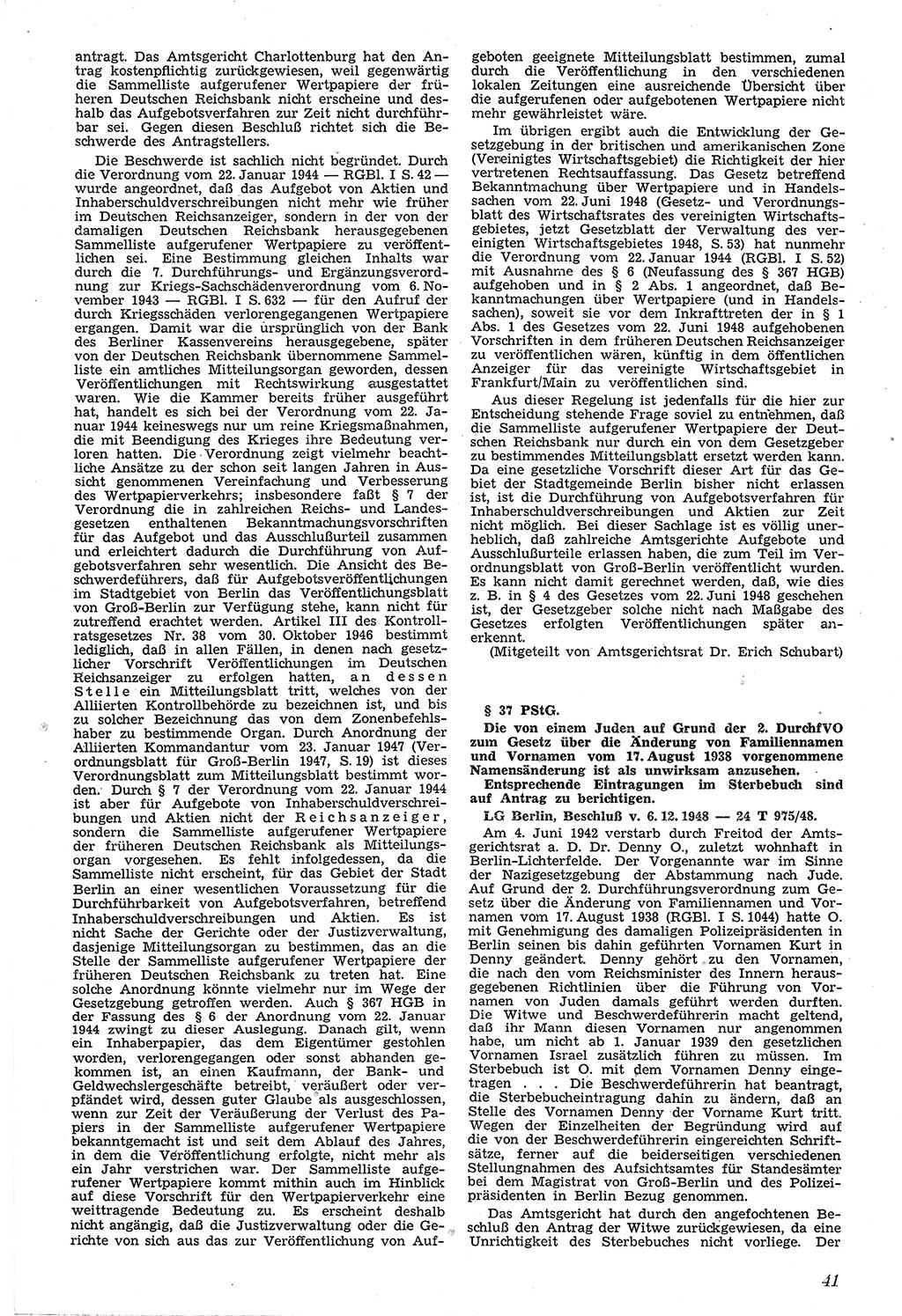 Neue Justiz (NJ), Zeitschrift für Recht und Rechtswissenschaft [Sowjetische Besatzungszone (SBZ) Deutschland, Deutsche Demokratische Republik (DDR)], 3. Jahrgang 1949, Seite 41 (NJ SBZ Dtl. DDR 1949, S. 41)