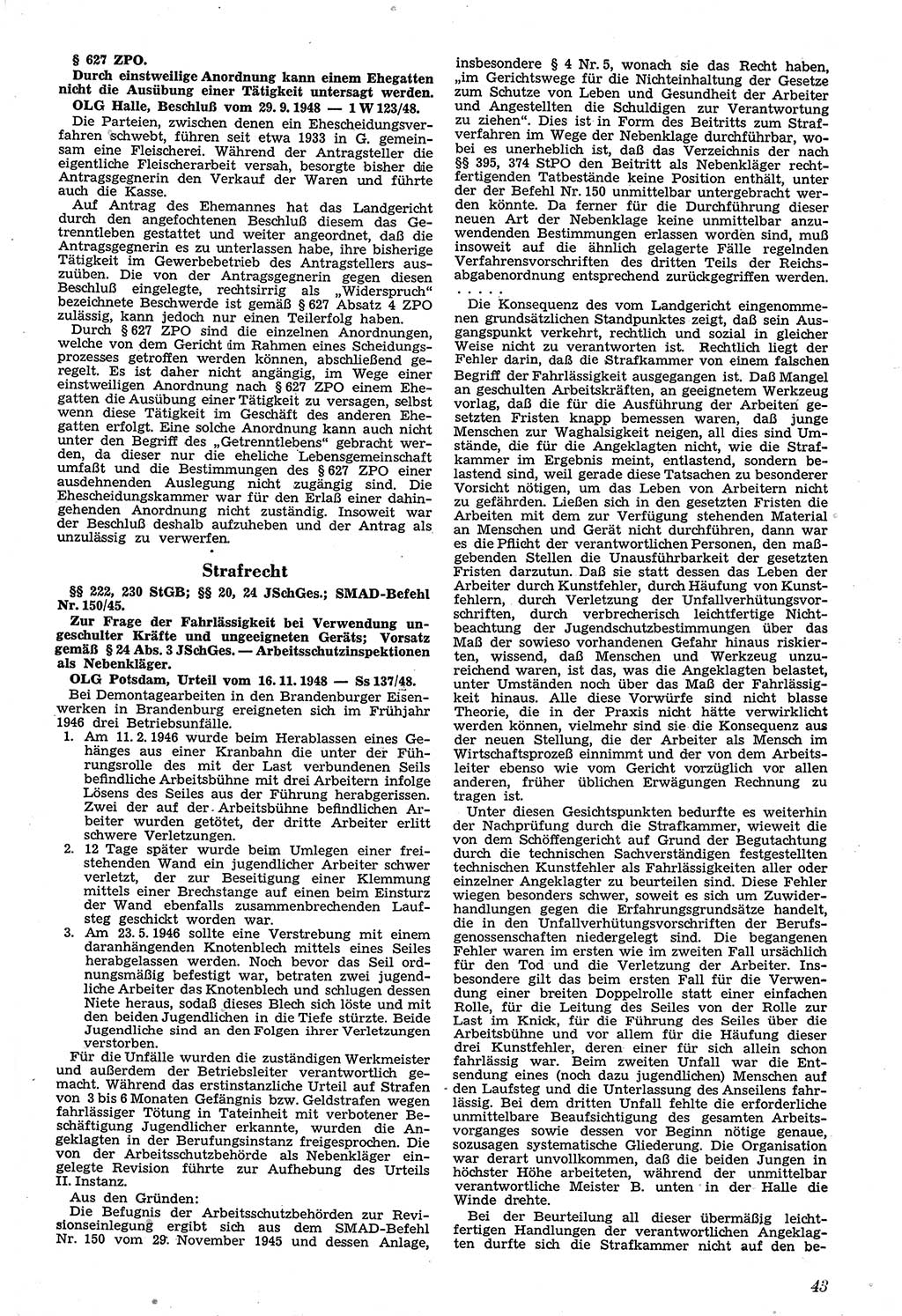 Neue Justiz (NJ), Zeitschrift für Recht und Rechtswissenschaft [Sowjetische Besatzungszone (SBZ) Deutschland, Deutsche Demokratische Republik (DDR)], 3. Jahrgang 1949, Seite 43 (NJ SBZ Dtl. DDR 1949, S. 43)