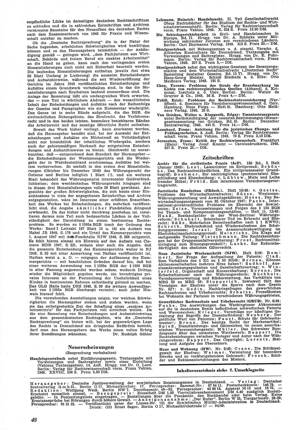 Neue Justiz (NJ), Zeitschrift für Recht und Rechtswissenschaft [Sowjetische Besatzungszone (SBZ) Deutschland, Deutsche Demokratische Republik (DDR)], 3. Jahrgang 1949, Seite 48 (NJ SBZ Dtl. DDR 1949, S. 48)