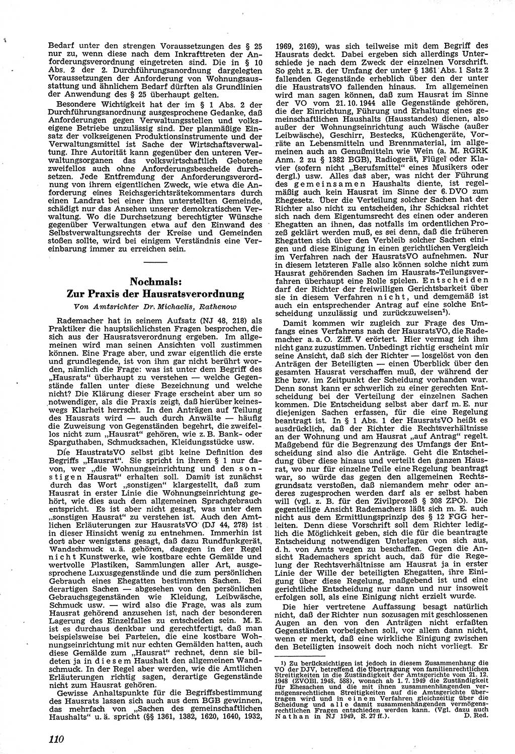 Neue Justiz (NJ), Zeitschrift für Recht und Rechtswissenschaft [Sowjetische Besatzungszone (SBZ) Deutschland, Deutsche Demokratische Republik (DDR)], 3. Jahrgang 1949, Seite 110 (NJ SBZ Dtl. DDR 1949, S. 110)