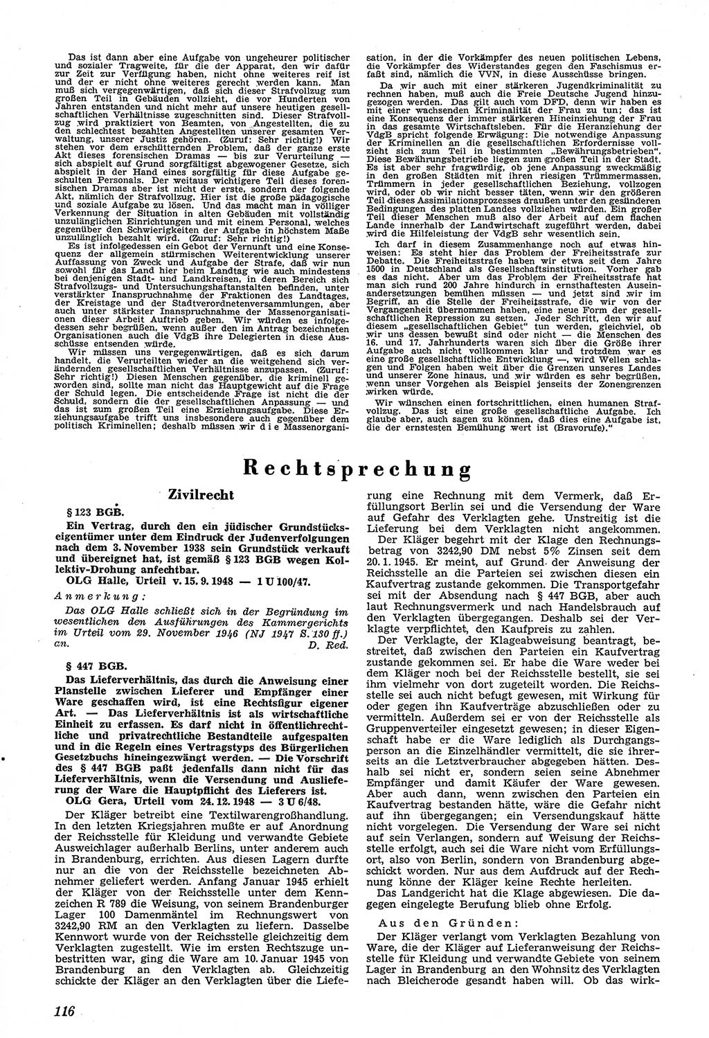 Neue Justiz (NJ), Zeitschrift für Recht und Rechtswissenschaft [Sowjetische Besatzungszone (SBZ) Deutschland, Deutsche Demokratische Republik (DDR)], 3. Jahrgang 1949, Seite 116 (NJ SBZ Dtl. DDR 1949, S. 116)