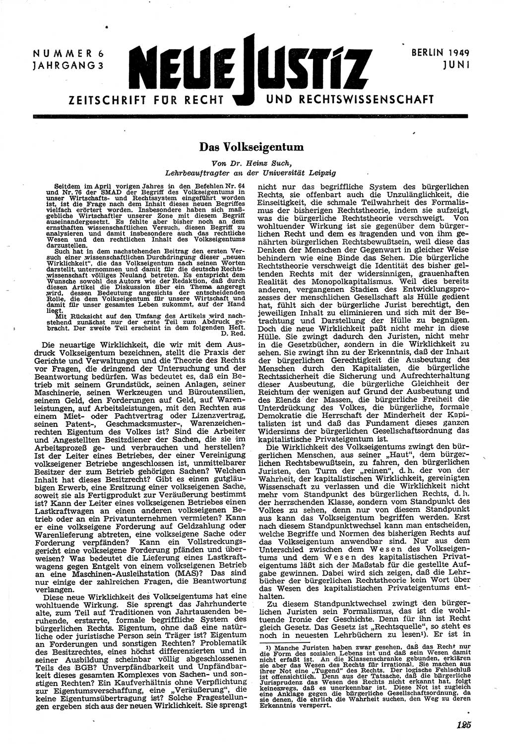 Neue Justiz (NJ), Zeitschrift für Recht und Rechtswissenschaft [Sowjetische Besatzungszone (SBZ) Deutschland, Deutsche Demokratische Republik (DDR)], 3. Jahrgang 1949, Seite 125 (NJ SBZ Dtl. DDR 1949, S. 125)