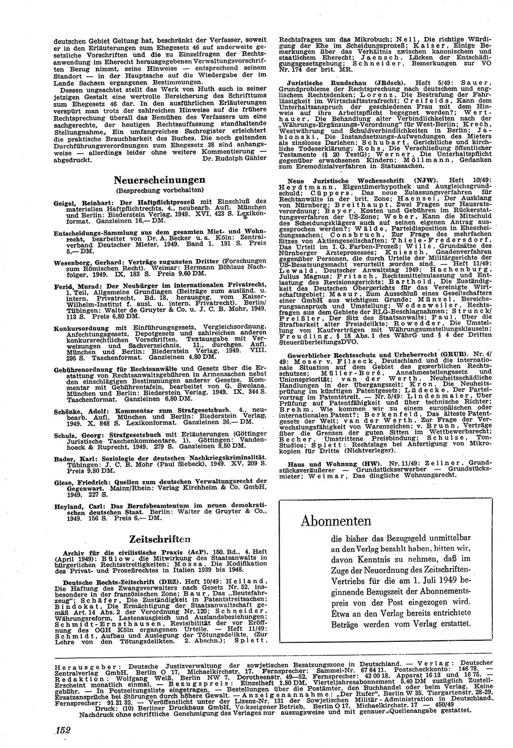 Neue Justiz (NJ), Zeitschrift für Recht und Rechtswissenschaft [Sowjetische Besatzungszone (SBZ) Deutschland, Deutsche Demokratische Republik (DDR)], 3. Jahrgang 1949, Seite 152 (NJ SBZ Dtl. DDR 1949, S. 152)