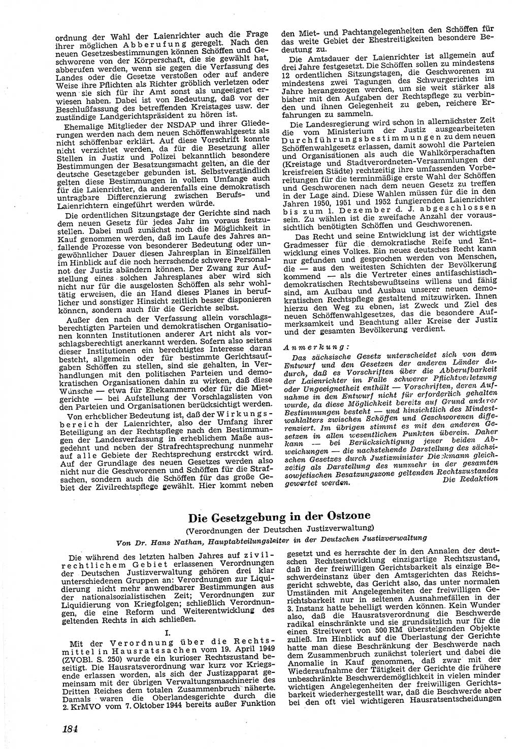 Neue Justiz (NJ), Zeitschrift für Recht und Rechtswissenschaft [Sowjetische Besatzungszone (SBZ) Deutschland, Deutsche Demokratische Republik (DDR)], 3. Jahrgang 1949, Seite 184 (NJ SBZ Dtl. DDR 1949, S. 184)