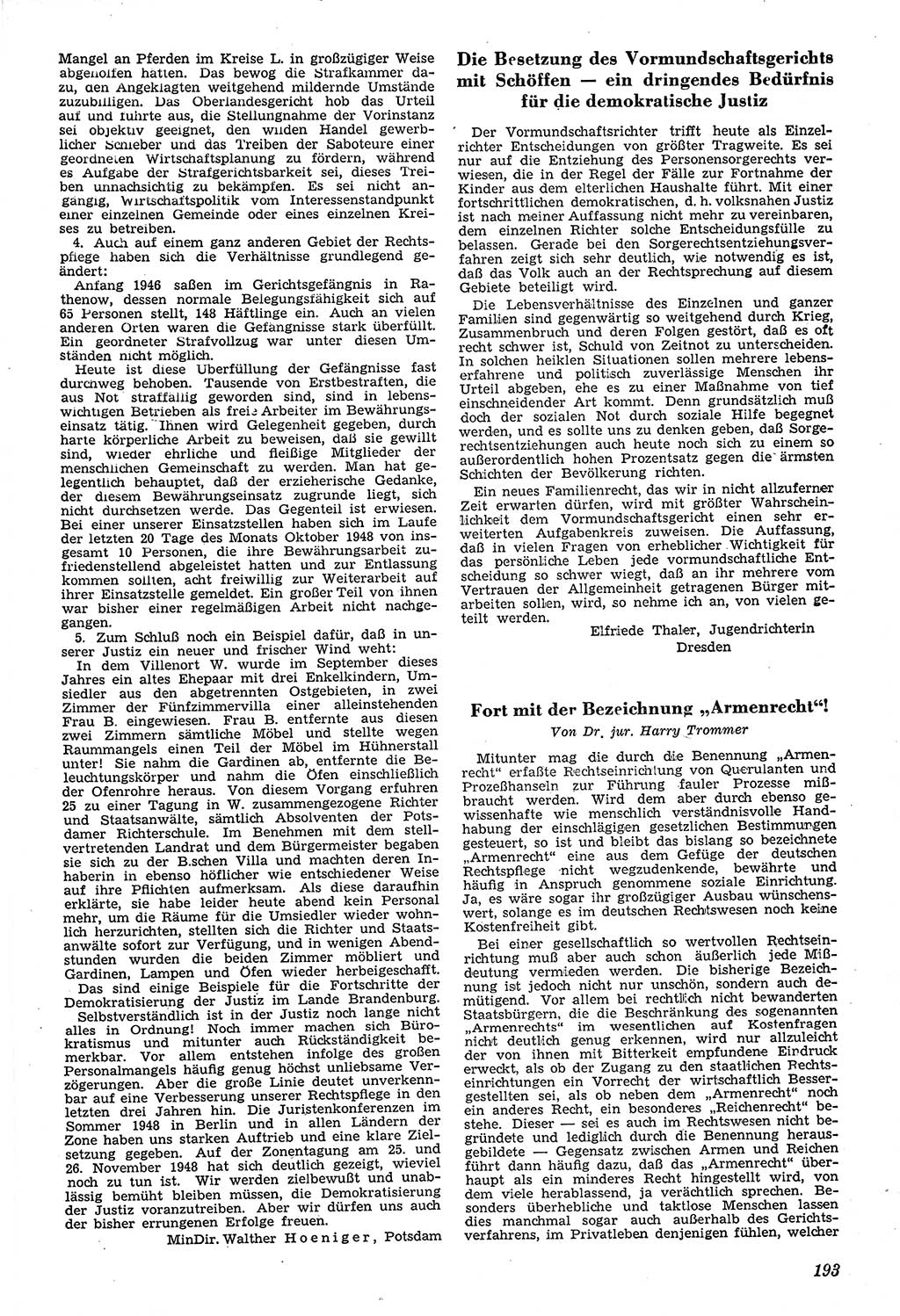 Neue Justiz (NJ), Zeitschrift für Recht und Rechtswissenschaft [Sowjetische Besatzungszone (SBZ) Deutschland, Deutsche Demokratische Republik (DDR)], 3. Jahrgang 1949, Seite 193 (NJ SBZ Dtl. DDR 1949, S. 193)