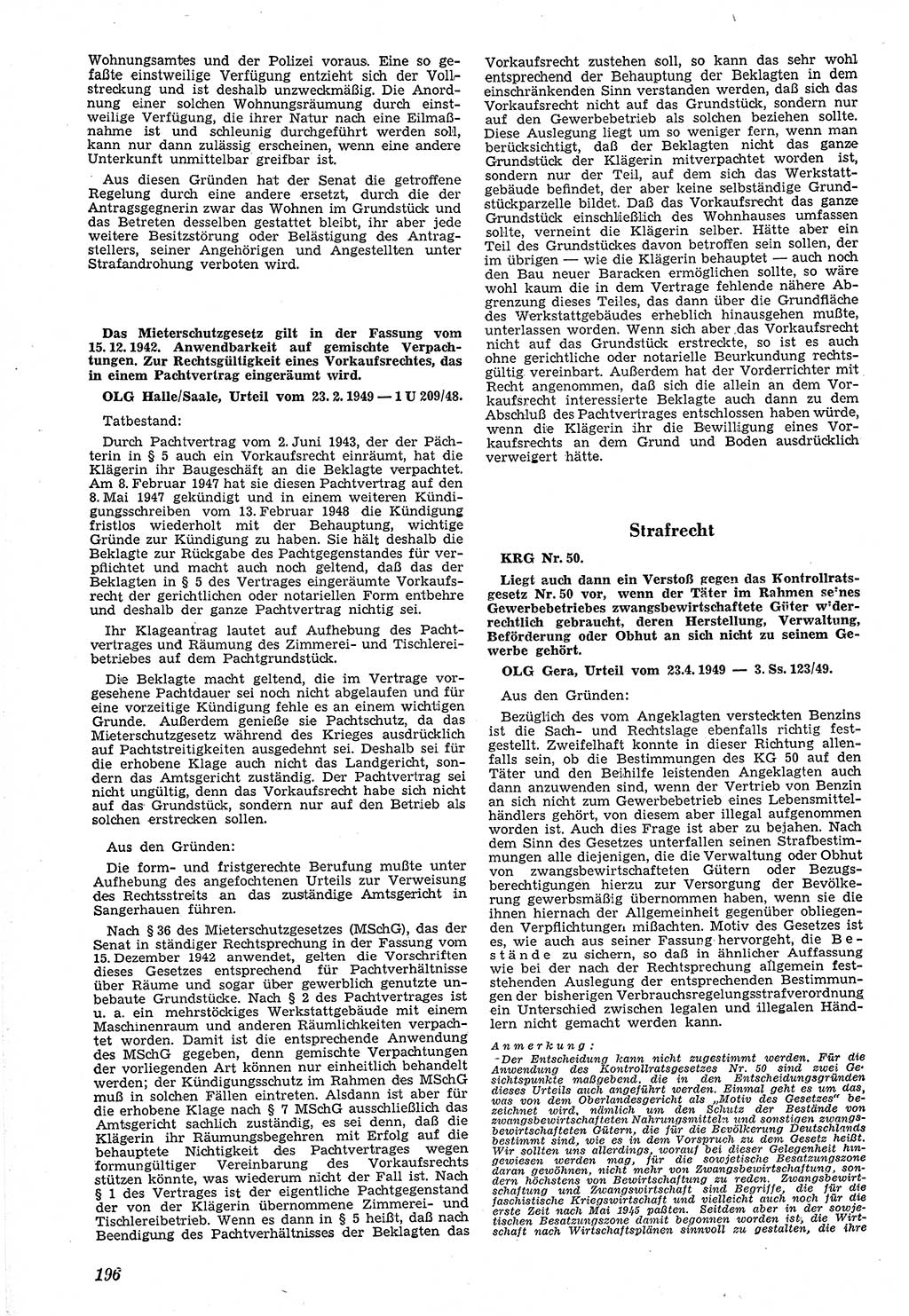 Neue Justiz (NJ), Zeitschrift für Recht und Rechtswissenschaft [Sowjetische Besatzungszone (SBZ) Deutschland, Deutsche Demokratische Republik (DDR)], 3. Jahrgang 1949, Seite 196 (NJ SBZ Dtl. DDR 1949, S. 196)