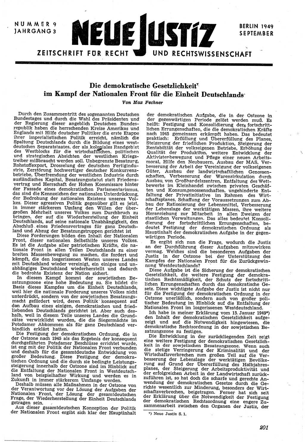 Neue Justiz (NJ), Zeitschrift für Recht und Rechtswissenschaft [Sowjetische Besatzungszone (SBZ) Deutschland, Deutsche Demokratische Republik (DDR)], 3. Jahrgang 1949, Seite 201 (NJ SBZ Dtl. DDR 1949, S. 201)