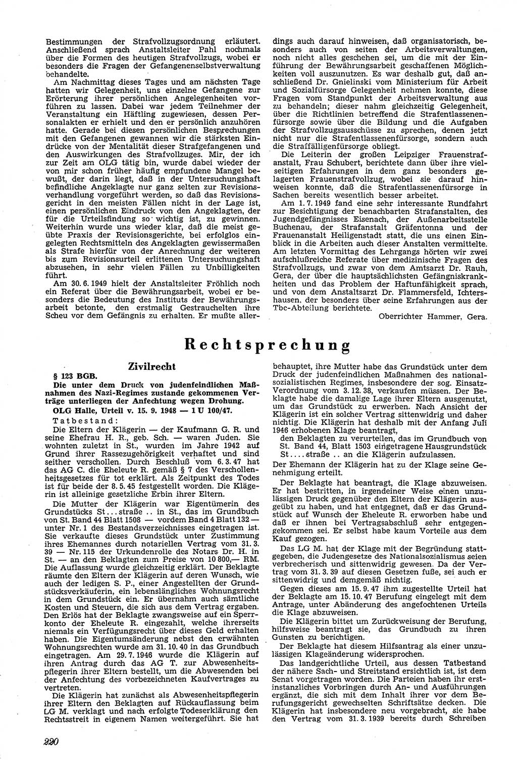 Neue Justiz (NJ), Zeitschrift für Recht und Rechtswissenschaft [Sowjetische Besatzungszone (SBZ) Deutschland, Deutsche Demokratische Republik (DDR)], 3. Jahrgang 1949, Seite 220 (NJ SBZ Dtl. DDR 1949, S. 220)