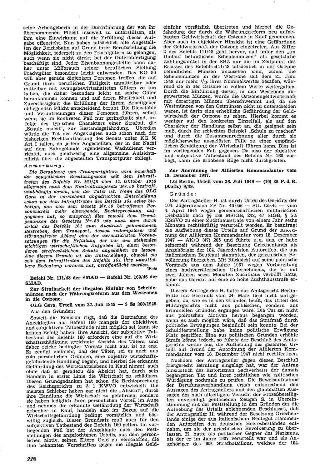 Neue Justiz (NJ), Zeitschrift für Recht und Rechtswissenschaft [Sowjetische Besatzungszone (SBZ) Deutschland, Deutsche Demokratische Republik (DDR)], 3. Jahrgang 1949, Seite 228 (NJ SBZ Dtl. DDR 1949, S. 228)