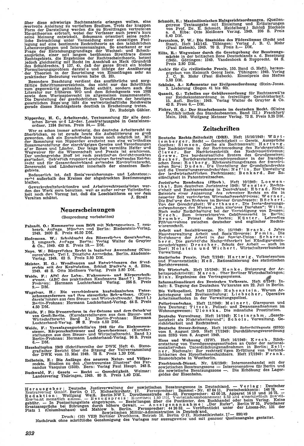 Neue Justiz (NJ), Zeitschrift für Recht und Rechtswissenschaft [Sowjetische Besatzungszone (SBZ) Deutschland, Deutsche Demokratische Republik (DDR)], 3. Jahrgang 1949, Seite 232 (NJ SBZ Dtl. DDR 1949, S. 232)