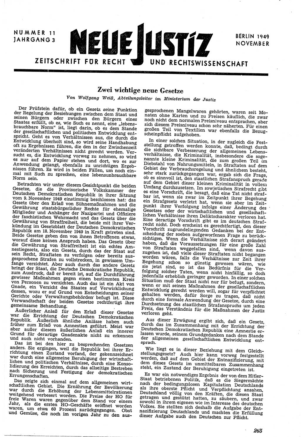 Neue Justiz (NJ), Zeitschrift für Recht und Rechtswissenschaft [Sowjetische Besatzungszone (SBZ) Deutschland, Deutsche Demokratische Republik (DDR)], 3. Jahrgang 1949, Seite 265 (NJ SBZ Dtl. DDR 1949, S. 265)